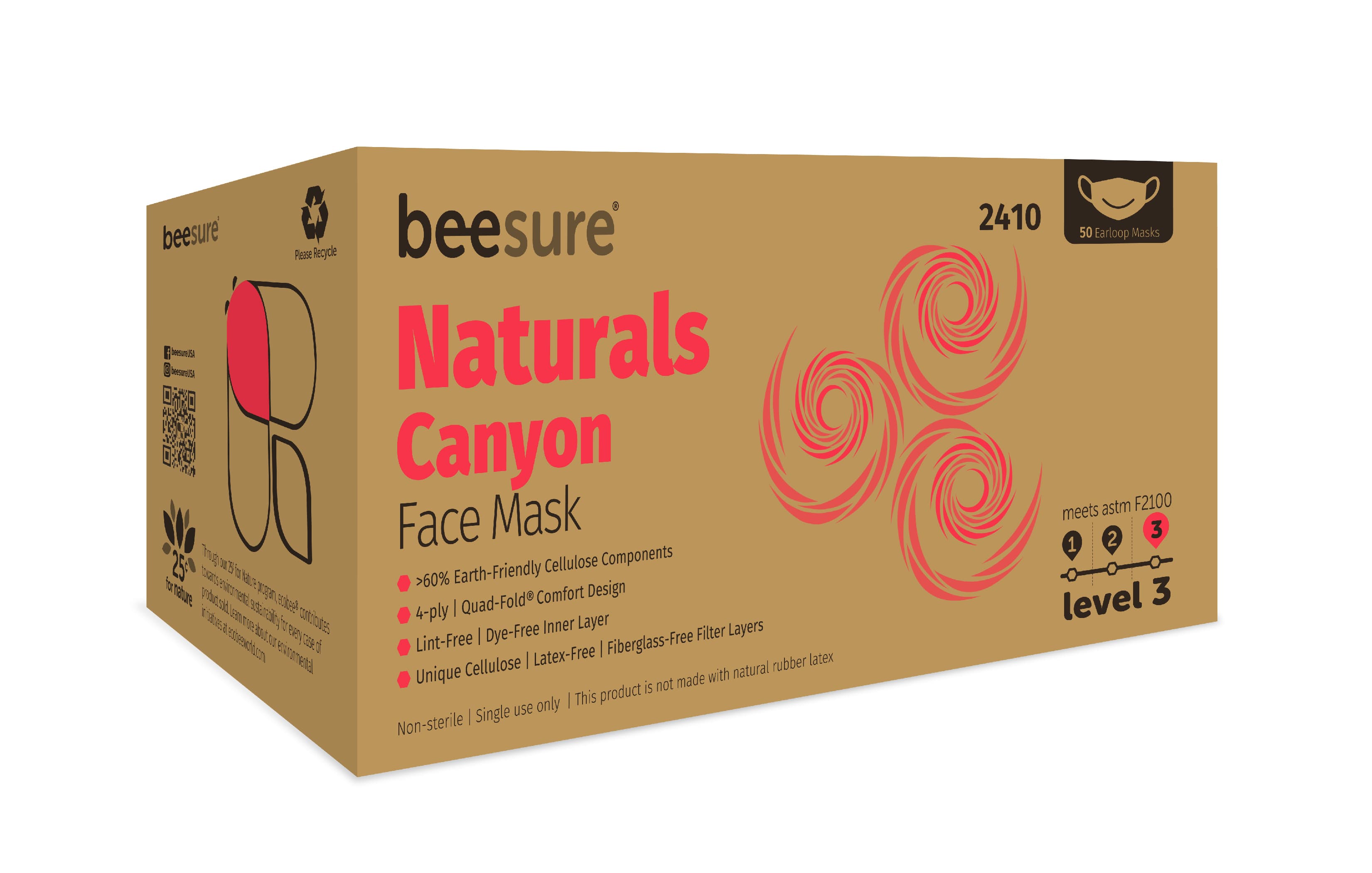 BeeSure Naturals Procedure Face Mask, ASTM Level 3, Canyon Red, Ear Loop, 50/Box, BE2410 thumbnail 6