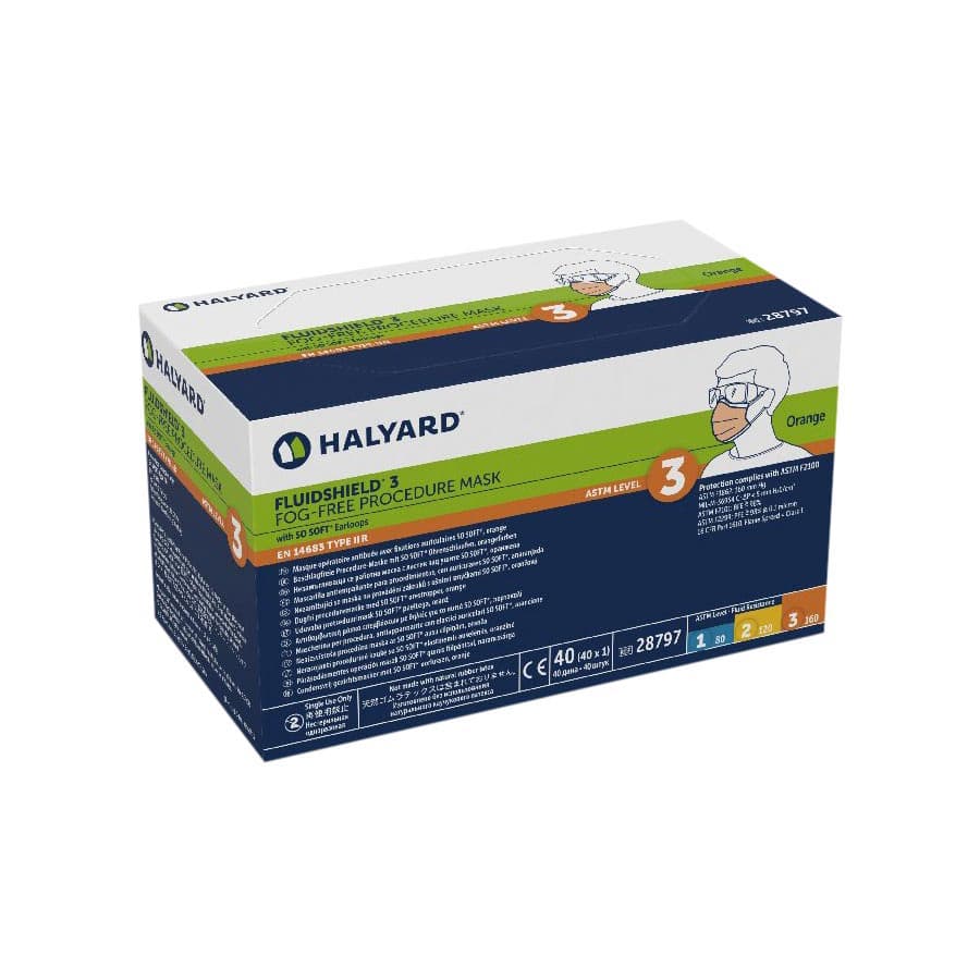 Halyard Fluidshield 3 Fog Free Procedure Earloop Mask, ASTM Level 3, Orange, 40/Box - Halyard - Fluidshield 3 ASTM Level 3 Procedure Earloop Mask - Image 1