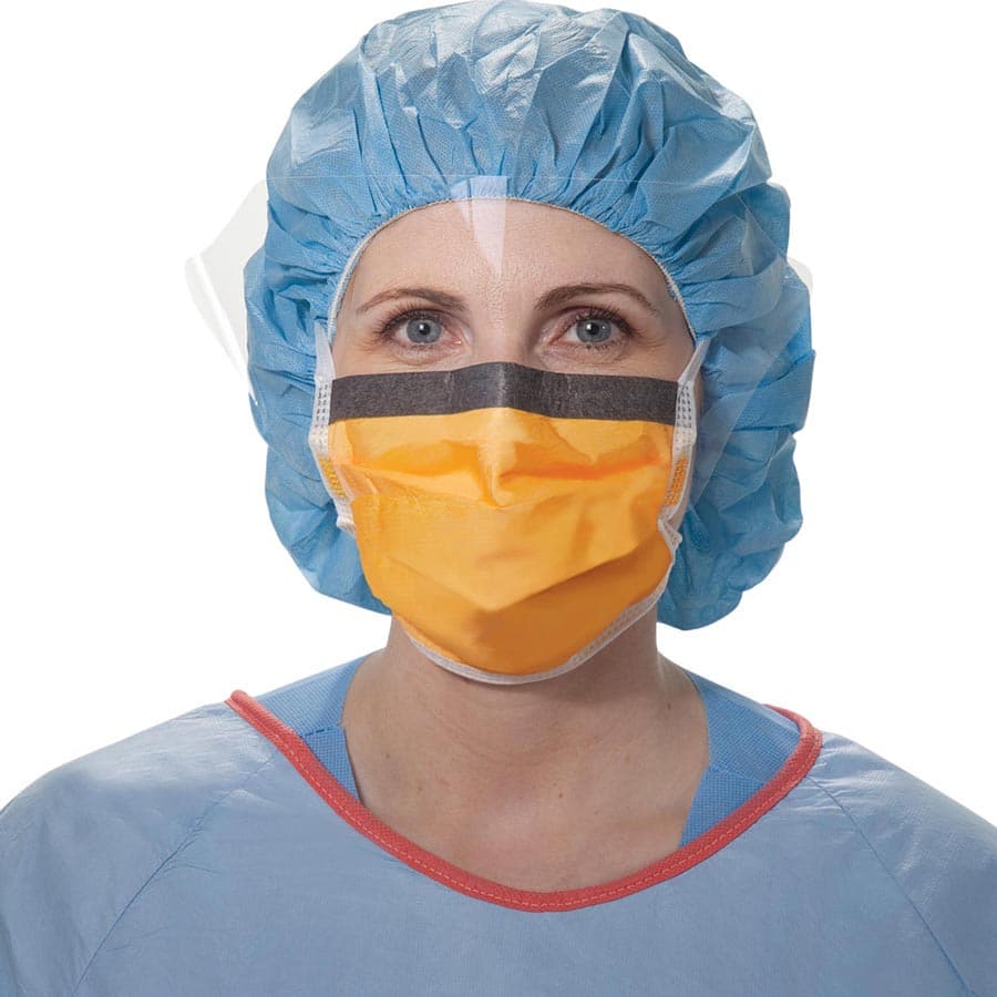 Halyard Fluidshield Level 3 Surgical Mask with Wraparound Fog-Free Visor, Tie-On, Orange, 25/Box, KC300 - KC300 Lev 3 Fluidshield Fog Free Tie-On w/Visr (25 - Image 1