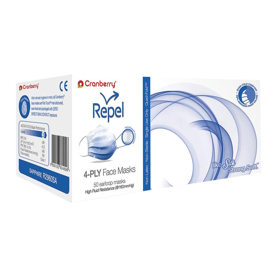 Cranberry Repel 4-Ply Procedure Face Mask, ASTM Level 3, Sapphire, Ear Loop, 50/Box, R2960SA thumbnail 19