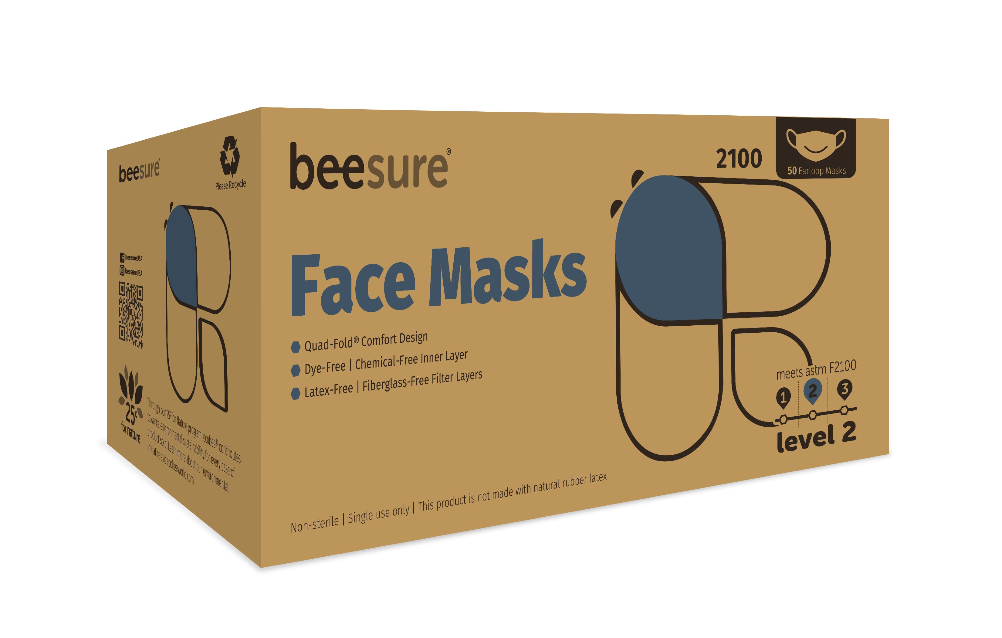 BeeSure Deluxe Earloop Face Mask, ASTM Level 2, White, 50/Box, BE2100W thumbnail 2
