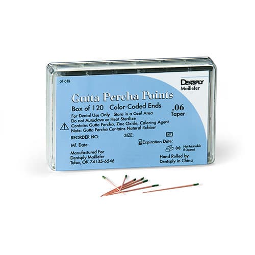 Dentsply Maillefer Gutta Percha Points, X-Fine (XF), Hand Rolled, Color Coded, 20 Points/Vial, 6 Vials/Box, 120 Points Total, Ref 670920 - Gutta Percha Points – Hand Rolled, Color Coded, 20 Points/Vial, 6 Vials/Box - X-Fine - Image 1