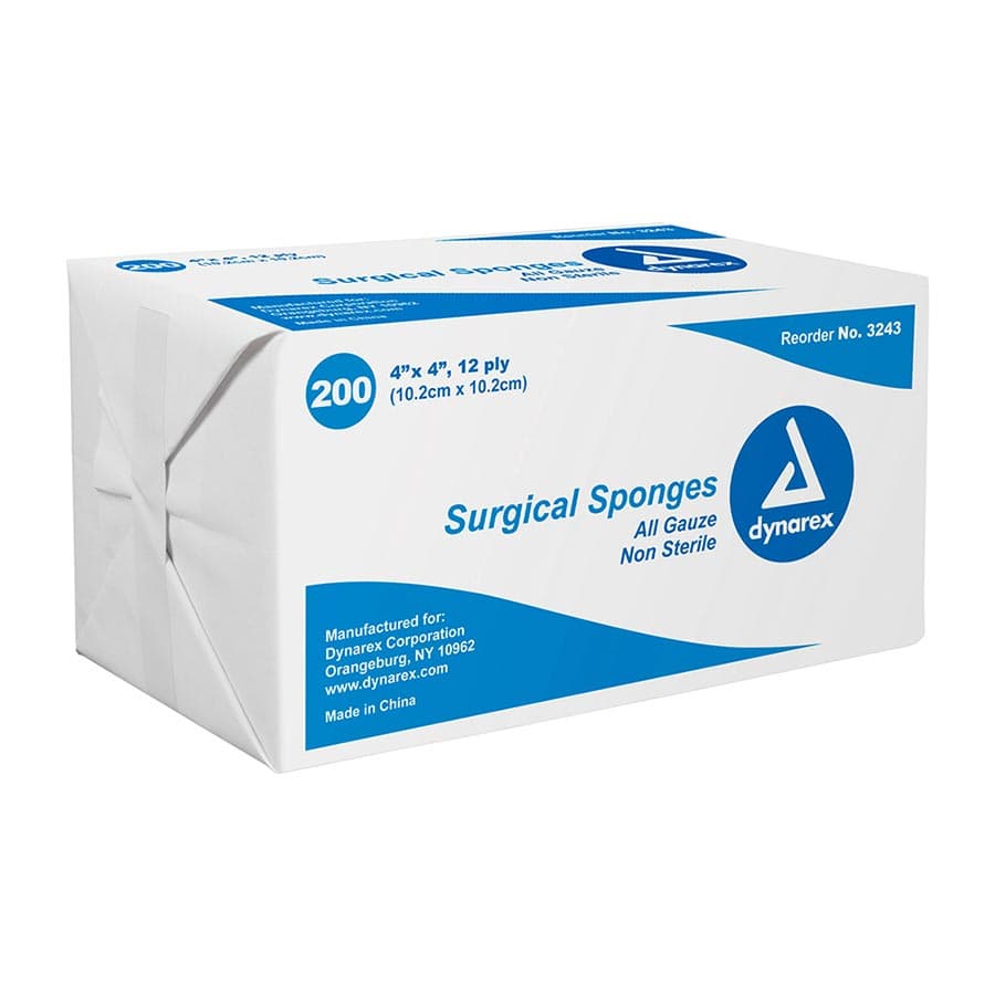 Dynarex All Gauze Surgical Sponge, 4" x 4", 12 Ply, 2000/Case, #3243 - Surgical Sponge 4"x4" 12 Ply (2000) - Image 1