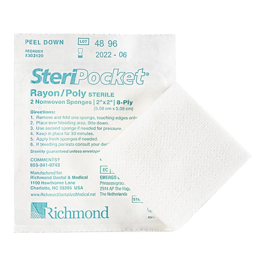 Richmond Dental SteriPocket Rayon/Poly Non-Woven Sponges, Sterile, 8-Ply, 2" x 2", 2/Pk, 200 Packs/Box, 303120 thumbnail 6
