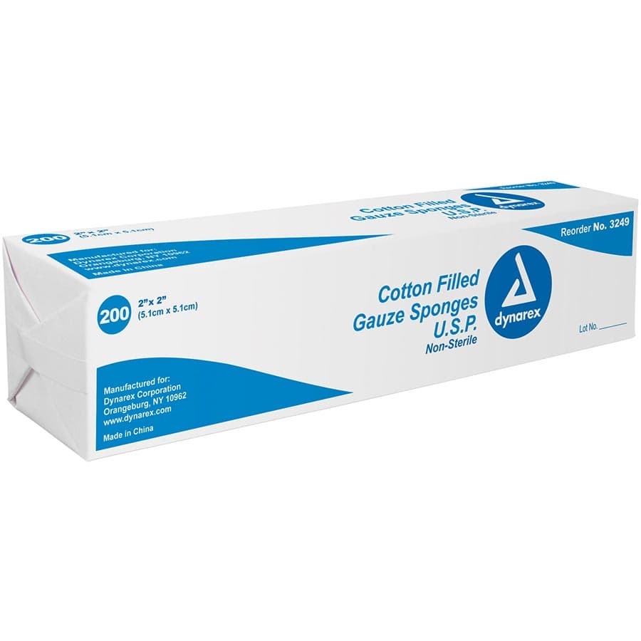 Dynarex Cotton Filled Gauze Sponge, 2" x 2", Non-Sterile, Case of 5000 (25 sleeves of 200) thumbnail 4