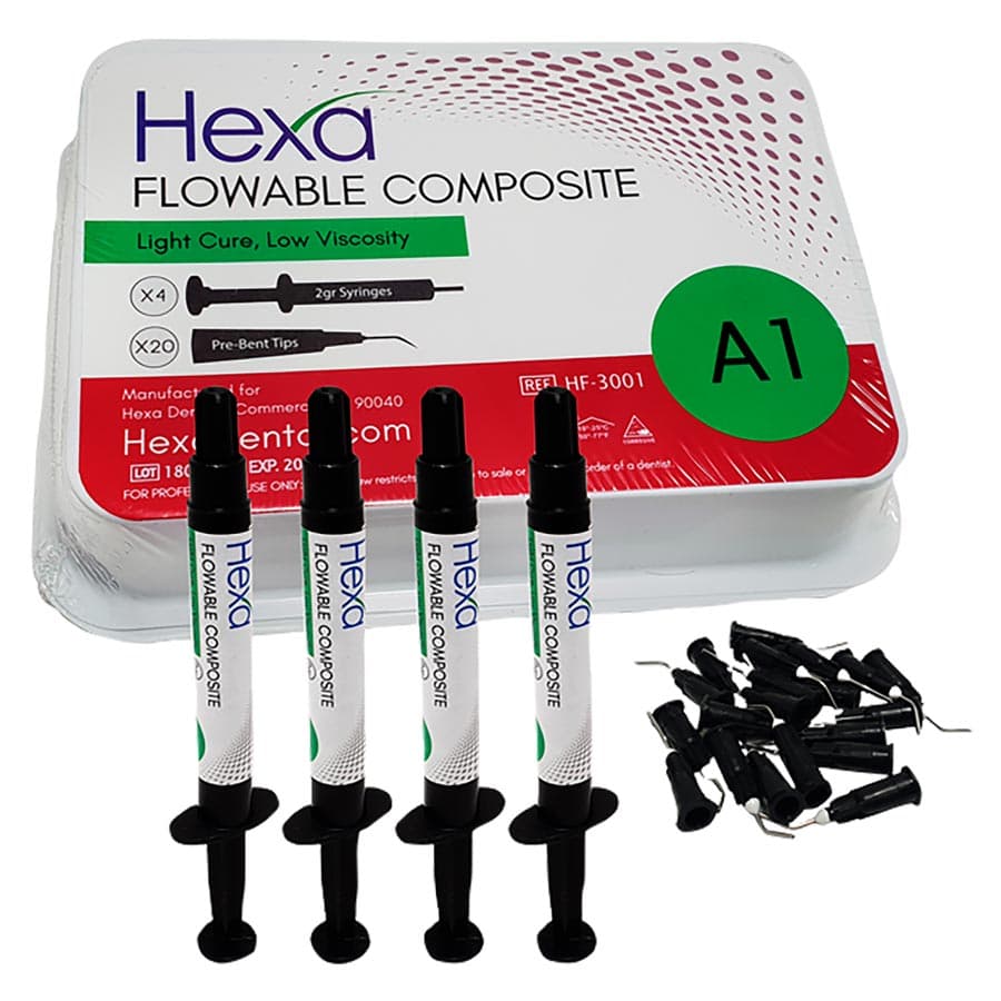 Hexa Flowable Composite A1, 2 gm Syringes, 4/Kit with 20 Bent Tips, Light Cure, HF-3001 - Hexa Flowable Composite A1 - 4 x 2 gm syringes and 20 bent Tips. Light cure - Image 1