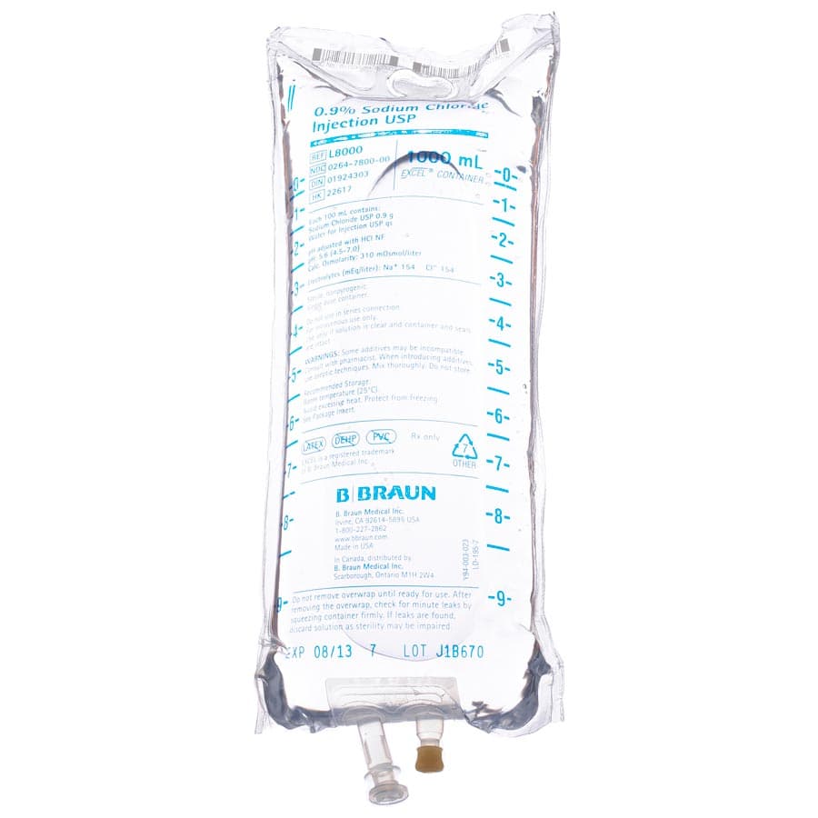 B. Braun ExcelPlus Sodium Chloride 0.9% Injection USP, 1000 mL IV Bag, DEHP-Free, Q8000 thumbnail 2