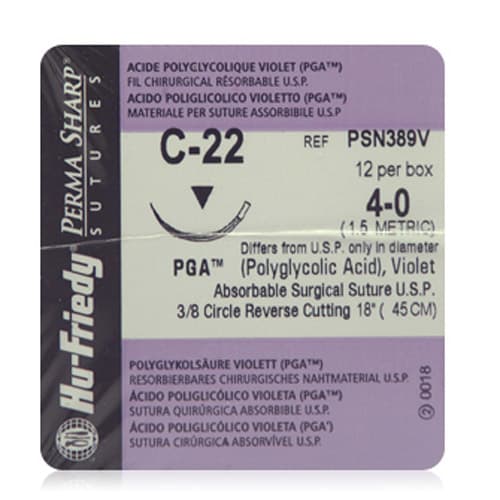 Hu-Friedy Perma Sharp Absorbable Suture, 4-0 PGA Violet Braided, 18" Length, C-22 Needle, 3/8 Circle Reverse Cutting, 12/Box, PSN389V thumbnail 5