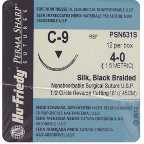 Hu-Friedy Perma Sharp Non-Absorbable Silk Suture, 4-0, Black Braided, 18" C-9 1/2 Circle Reverse Cutting Needle, 12/Box thumbnail 3