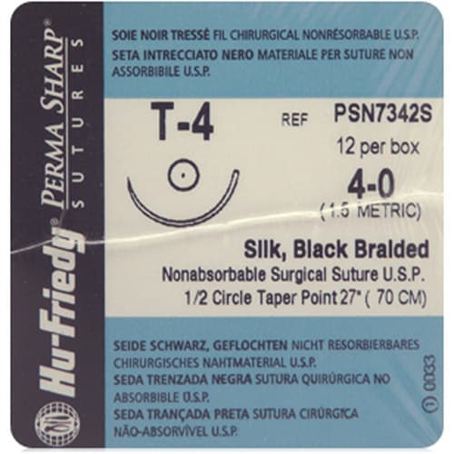 Hu-Friedy Perma Sharp® Non-Absorbable Silk Black Braided Sutures, 4-0, T-4 Needle, 27", 1/2 Circle Taper Point, 22.2mm, 12/Box, PSN7342S thumbnail 3