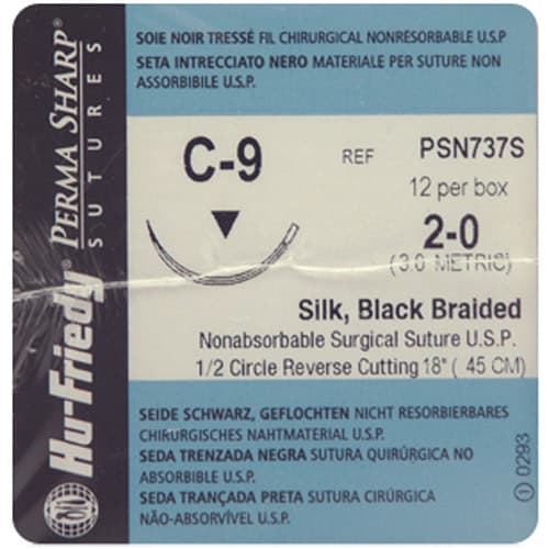 Hu-Friedy Perma Sharp® Sutures, Non-Absorbable Silk Black Braided, 2-0, C-9 Needle, 1/2 Circle Reverse Cut, 18", 12/Box, PSN737S thumbnail 3