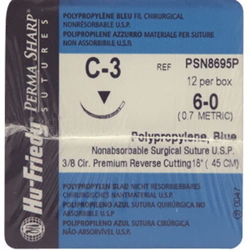 Hu-Friedy Perma Sharp Non-Absorbable Polypropylene Suture, 6-0, Blue, 18", C-3 Needle, 3/8 Circle Premium Reverse Cutting, 12/Box, PSN8695P thumbnail 9