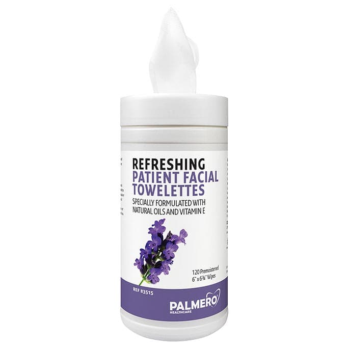 Palmero Refresh Patient Facial Towelettes, 6" x 6.75", Lavender Scented, Pre-saturated, 140/Canister, 3515 thumbnail 3