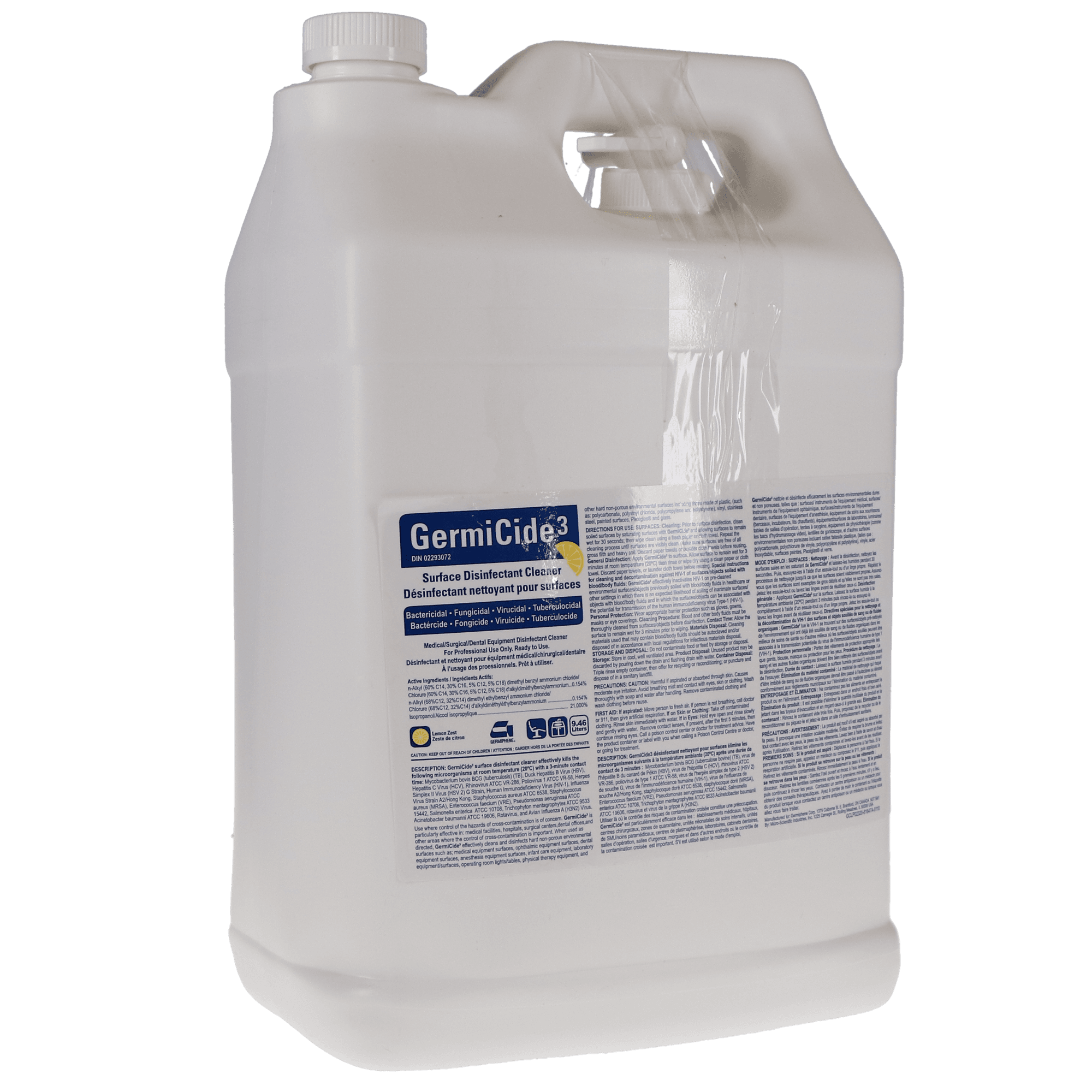 GermiCide 3 Broad-Spectrum Multi-Surface Disinfectant, 9.46 L Bottle, Lemon Scented, 1/Pk, GERMI-3LXXL, GERMI-3-L-XXXL - GermiCide 3 Broad-Spectrum Multi-Surface Disinfectant, 9.46 L Bottle, Lemon Scented, 1/Pk, GERMI-3LXXL, GERMI-3-L-XXXL - Image 1