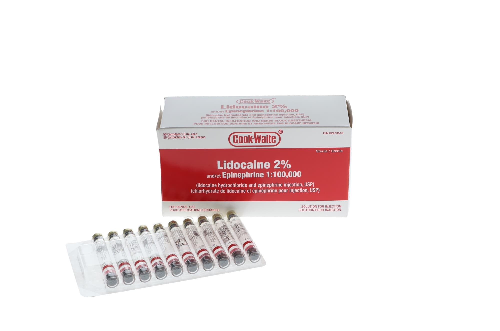 Cook-Waite Lidocaine HCl 2% with Epinephrine 1:100,000, 1.8 ml Dental Cartridges, Red, 50/Pk, 99168 - Cook-Waite, Lidocaine HCl 2%, with Epinephrine, 1:100,000, 1.8 ml, Red, 50/Pk, 99168 - Image 1