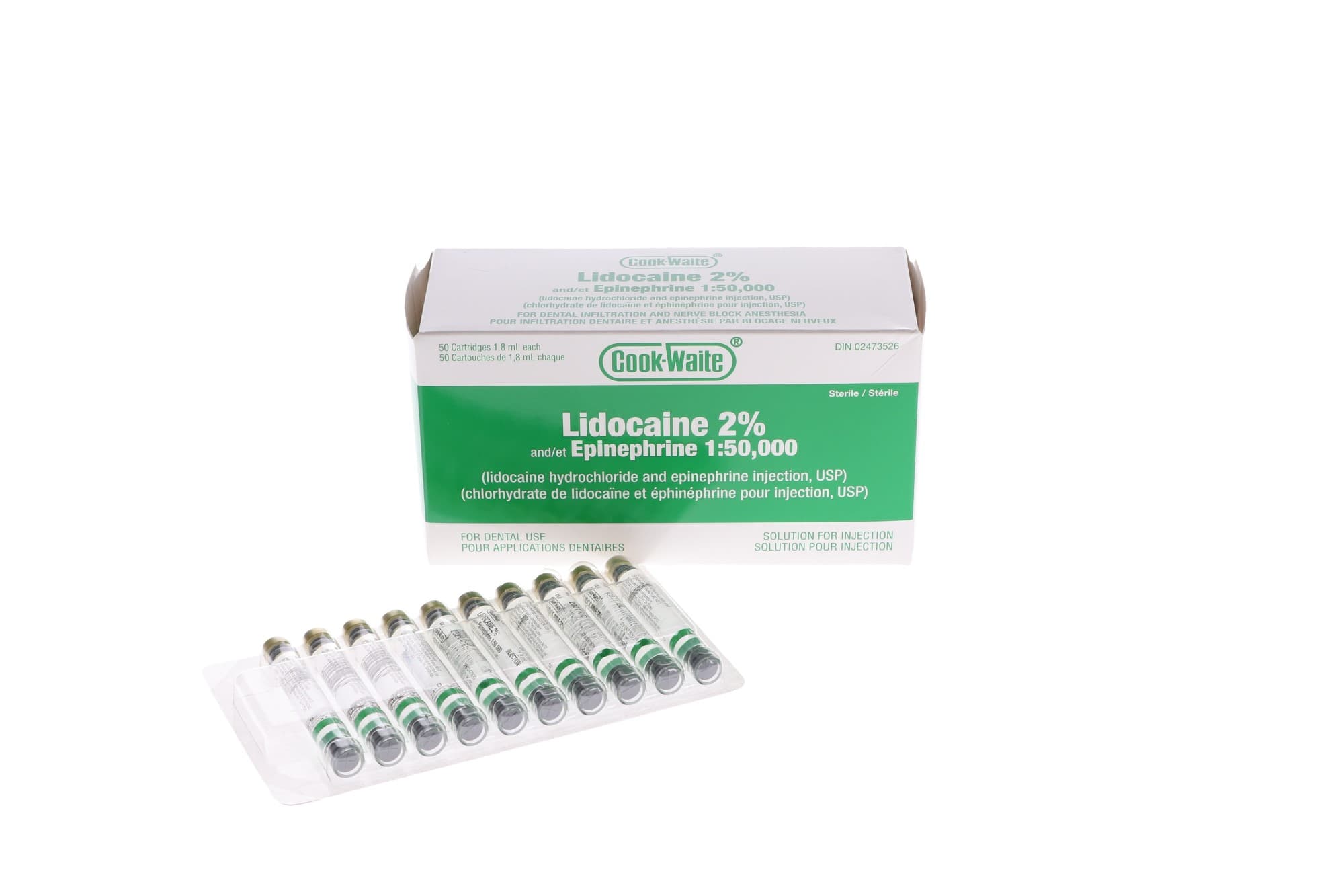 Cook-Waite Lidocaine HCl 2% with Epinephrine 1:50,000, 1.8 ml Dental Cartridges, Green, 50/Pk, 99170 thumbnail 2