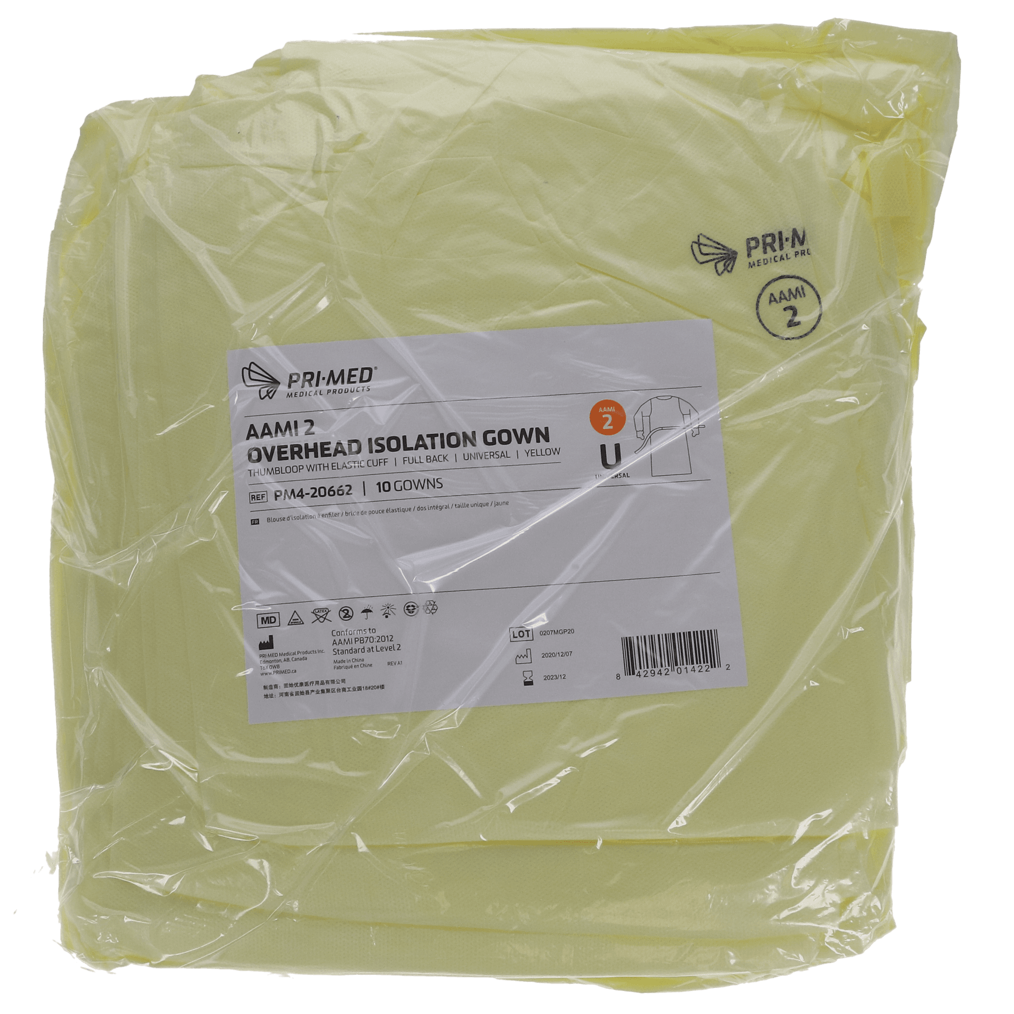 Overhead Isolation Gowns, AAMI Level 2, Thumbloop with Elastic Cuff, Universal, Yellow, 10/Pk, PM4-20662 thumbnail 2