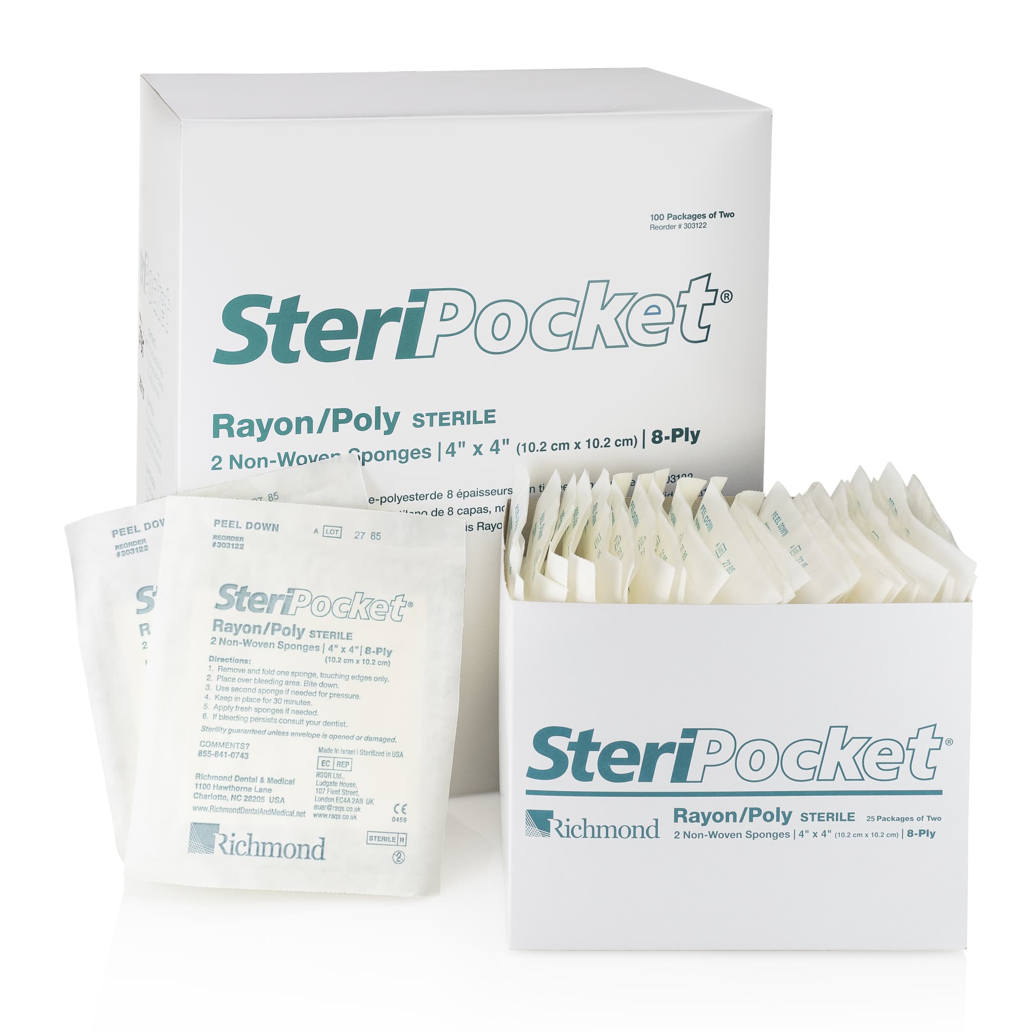 Richmond SteriPocket Rayon/Poly Non-Woven Sponges, Sterile, 8-Ply, 4" x 4", 2/Pk, 100 Pk/Box, 303122 thumbnail 2