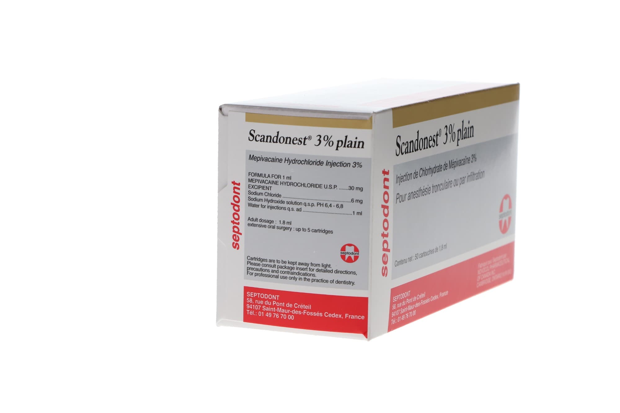 Scandonest Mepivacaine Plain HCl 3% Dental Anesthetic Cartridges, 1.7 ml, 50/Pk, 99203 thumbnail 3