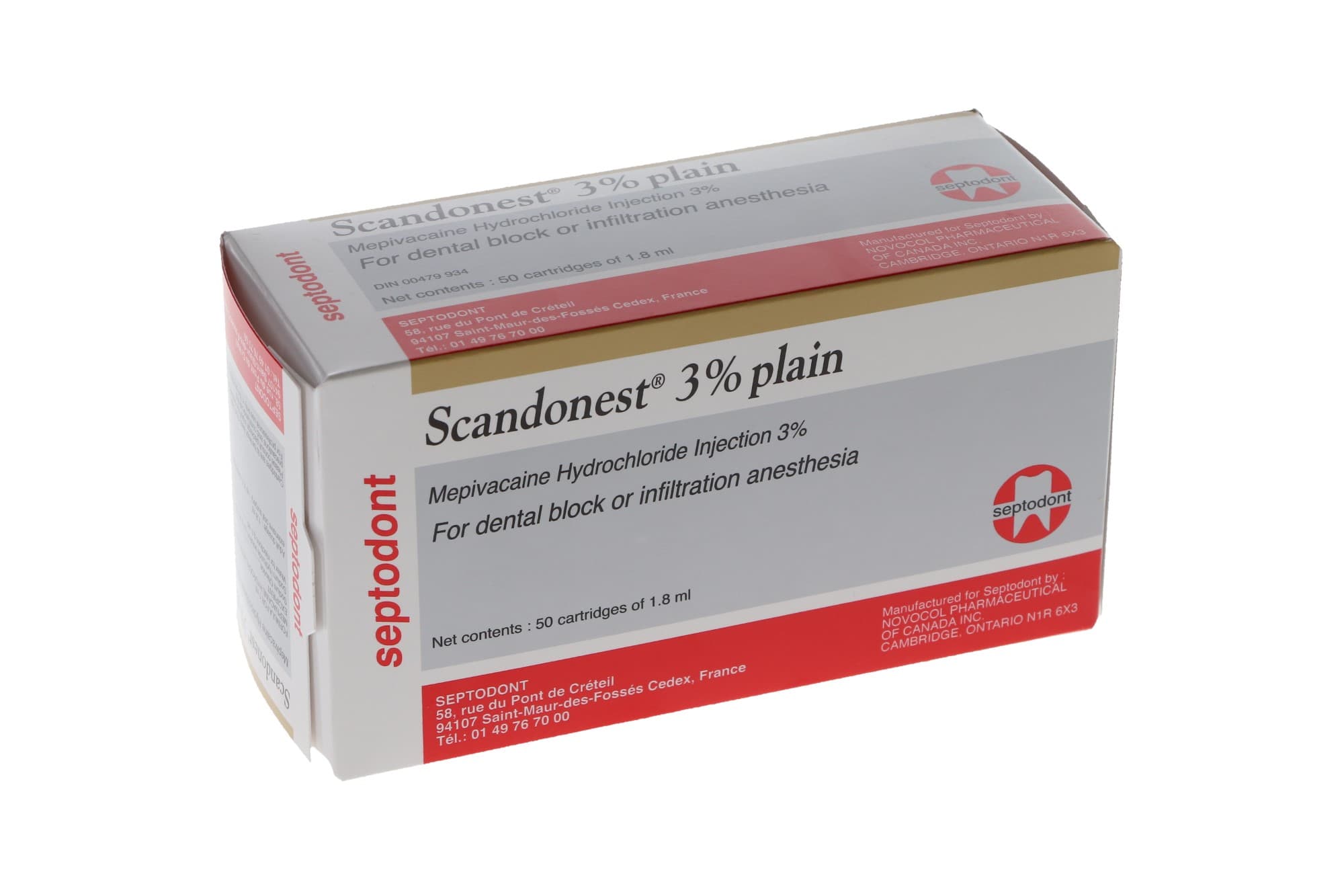 Scandonest Mepivacaine Plain HCl 3% Dental Anesthetic Cartridges, 1.7 ml, 50/Pk, 99203 thumbnail 4