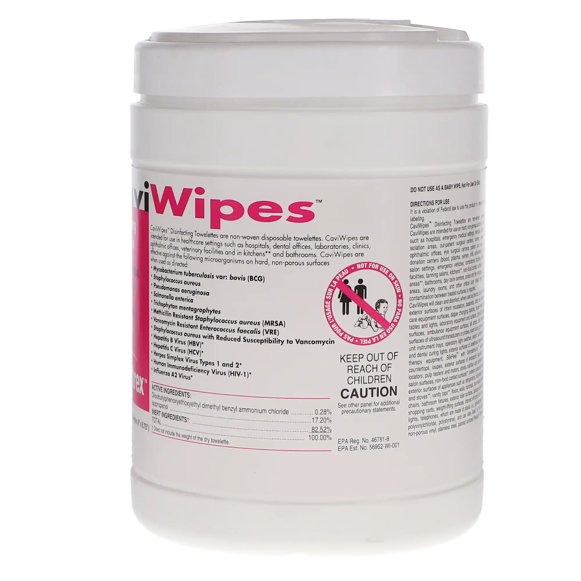 Metrex CaviWipes Disinfectant Towelettes, Large 6" x 6.75", 220/Canister, 10-1090 - CaviWipes Disinfectant 6 x 6.75 (L) 220Cn - Image 1