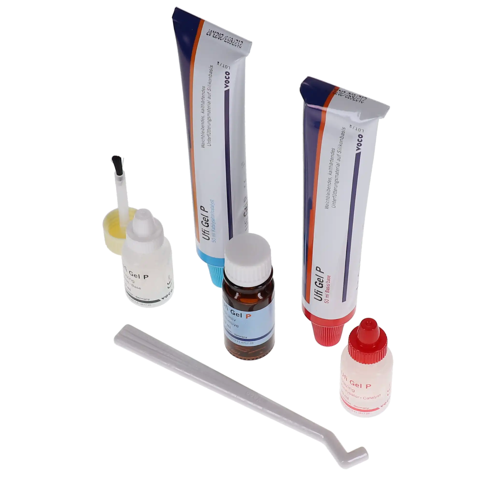 Ufi Gel P Permanent Soft A-Silicone Relining Material - Tubes Set (50 ml Base, 50 ml Catalyst, 10 ml Glazing Base, 10 ml Glazing Catalyst, 10 ml Adhesive, Accessories), Ref 2070 thumbnail 2