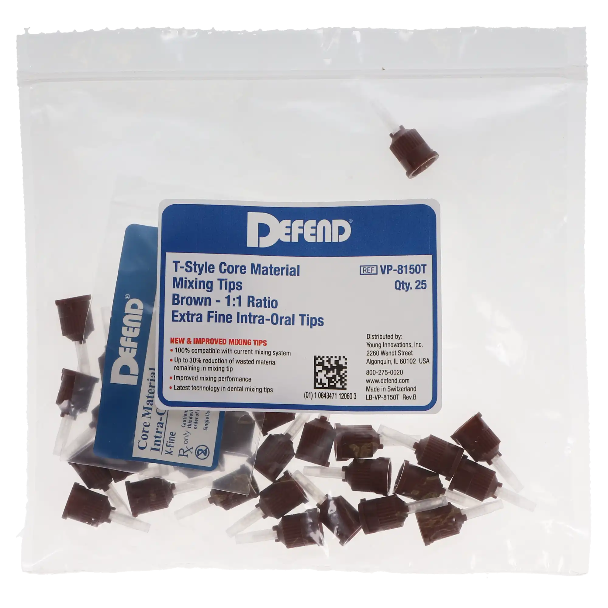 Defend T-Style Core Material Mixing Tips, 1:1, Brown, with Extra-Fine Intraoral Tips, 25/Pk, VP8150T thumbnail 2