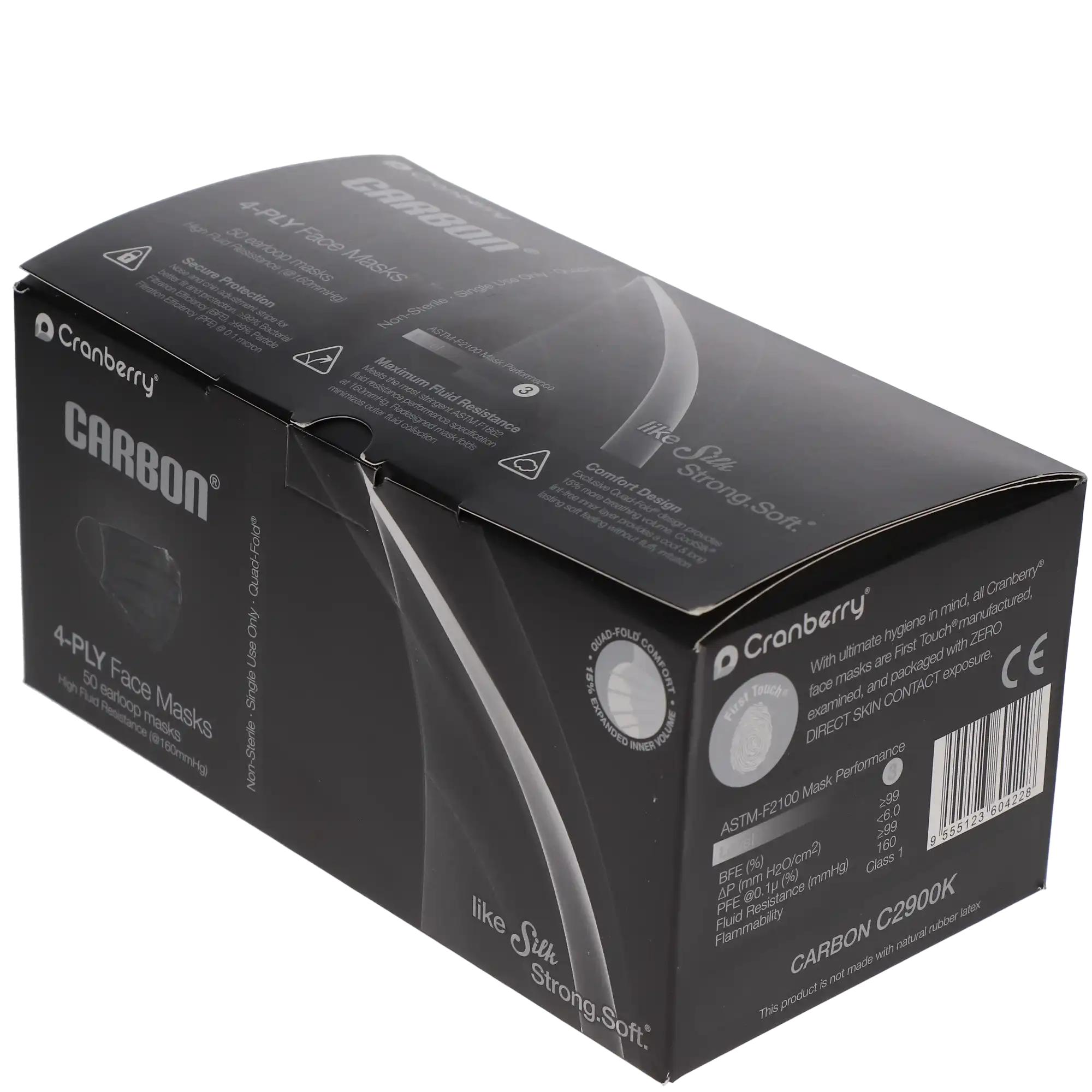 Cranberry Carbon ASTM Level 3 Earloop Face Mask, 4-Ply, Black, 50/Box, C2900K thumbnail 10