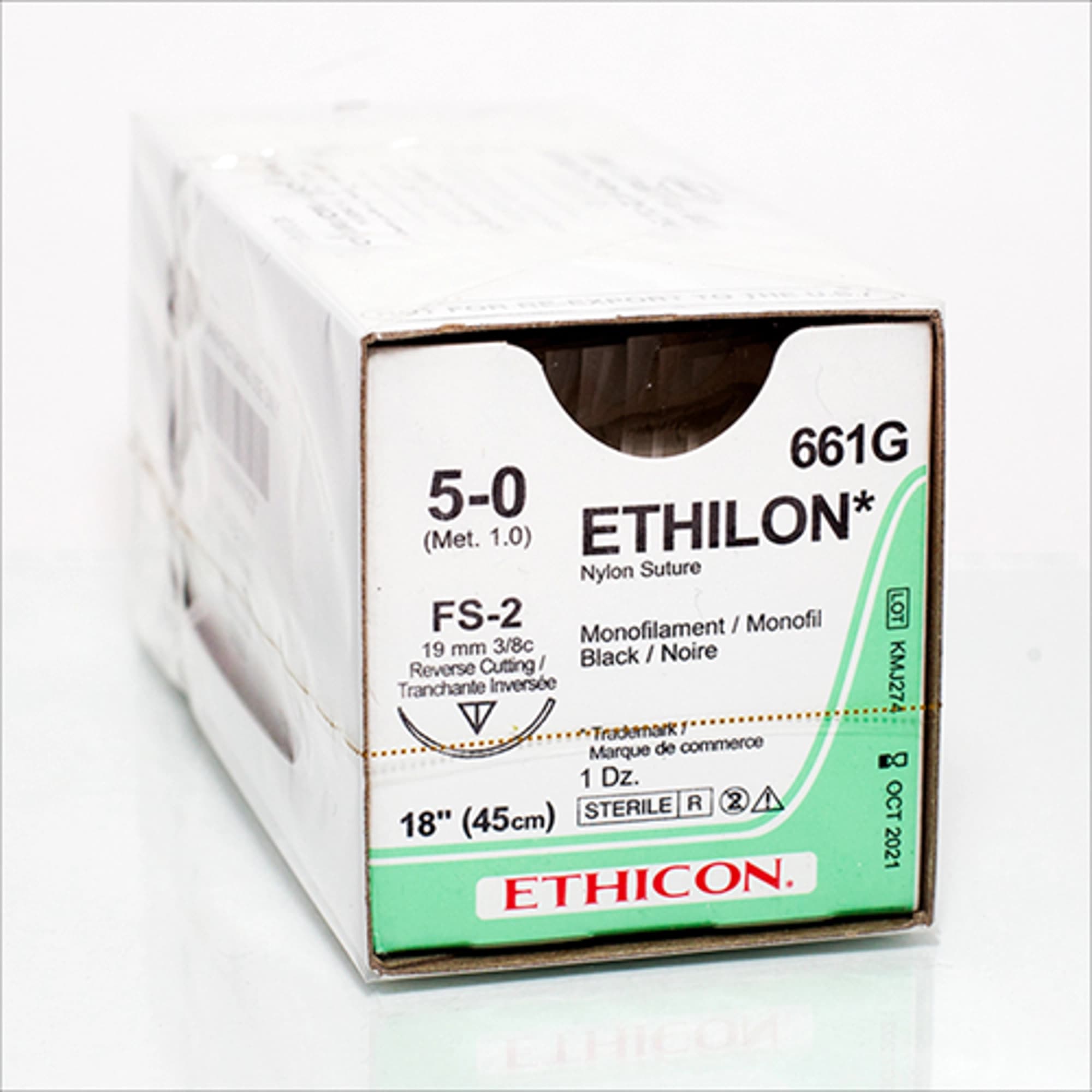 Ethilon Nylon Monofilament Non-Absorbable Suture, 5-0, 18", Black, FS-2 Reverse Cutting Needle, 12/Box, 661G thumbnail 4
