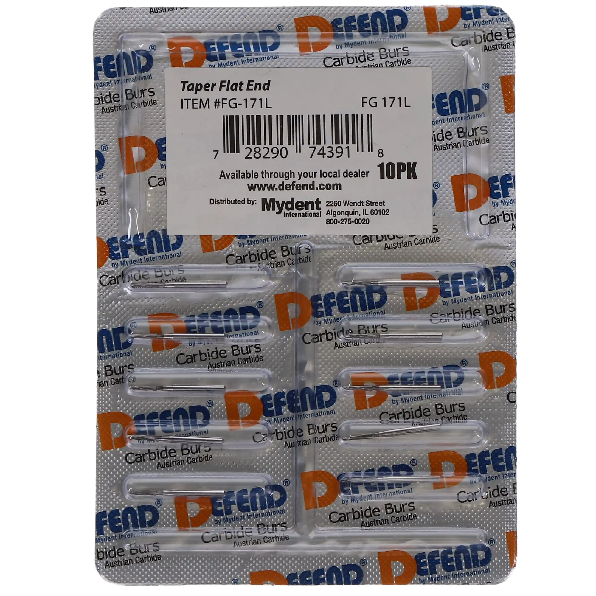 Defend Operative Carbide Burs, FG, Tapered Fissure, #171L, 1.2 mm, Plain Cut, Long Head, 10/Pk, FG-171L thumbnail 4