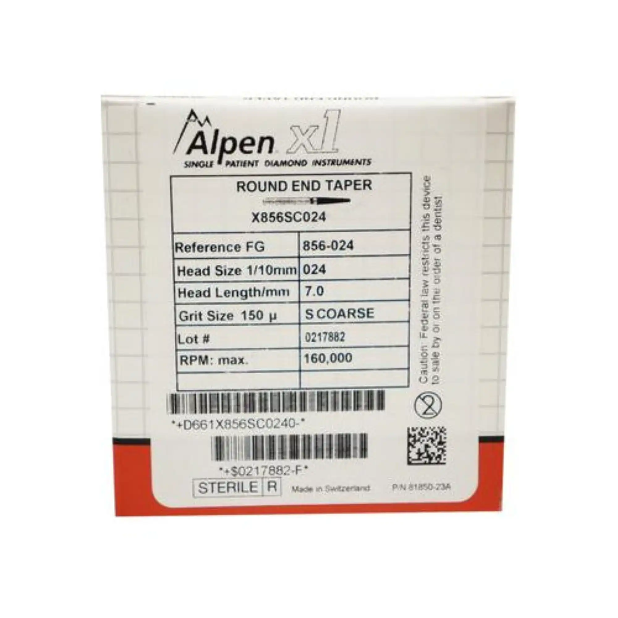 Alpen x1 Single-Use Diamond Bur, FG, #856-024SC, Round End Taper, Super Coarse, Black, 2.4 mm, 25/Pk, X856SC024 thumbnail 8