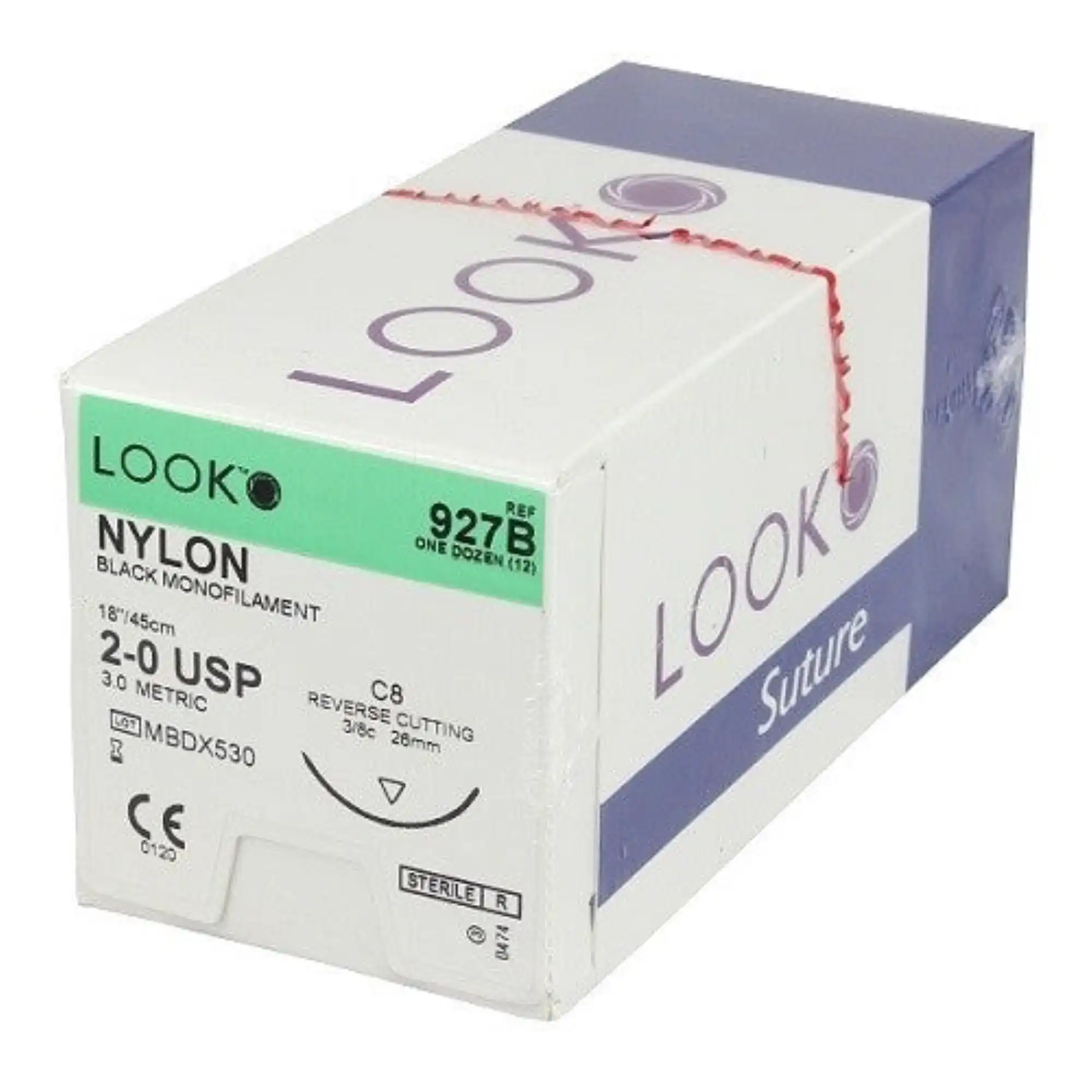 Look Nylon Suture, 2-0, Black Monofilament, Non-Absorbable, 18" (45 cm), C-8 Reverse Cutting Needle, 26 mm 3/8 Circle, 12/Bx, 927B thumbnail 5