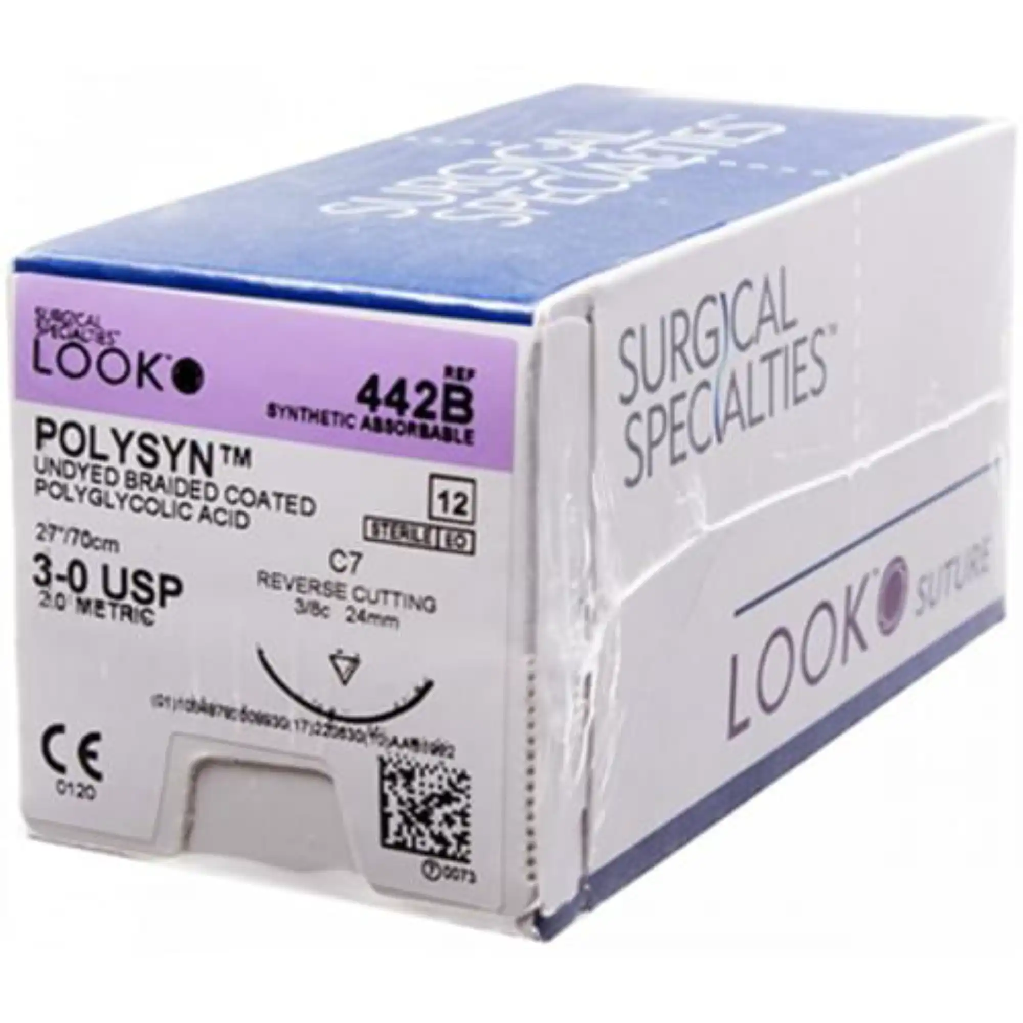 Look PolySyn Polyglycolic Acid (PGA) Absorbable Braided Suture, Undyed, Coated, 3-0, 27"/70 cm, C-7 Reverse Cutting Needle 24 mm 3/8 Circle, 12/Box, 442B thumbnail 5