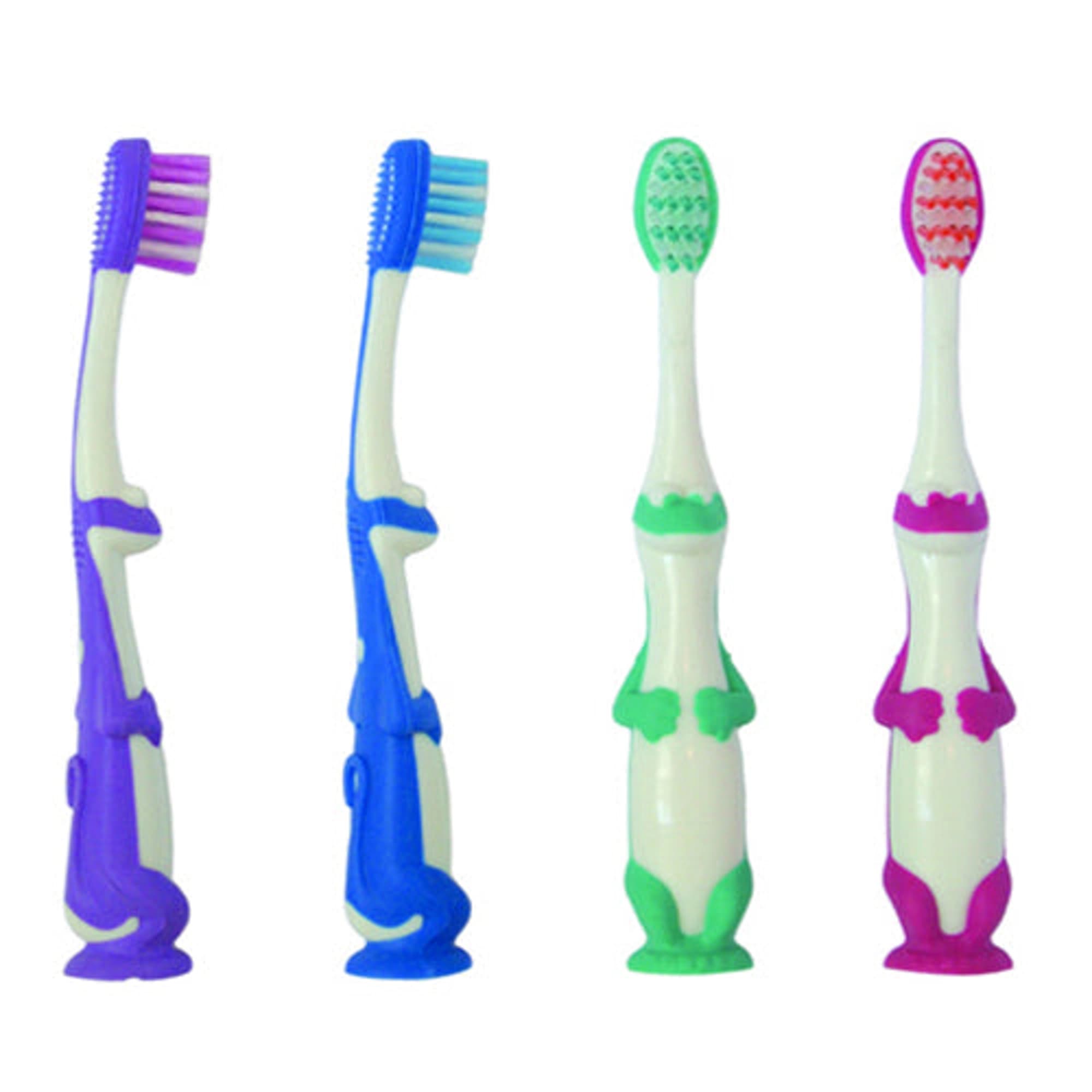 OraBrite Kids Dinosaur Toothbrush, 26 Tuft X-Soft, Suction Cup on Bottom, Assorted Colors, 144/Cs - Kids Dinosaur Toothbrush, 26 Tuft X-Soft, Suction Cup on Bottom, 4 144/Cs - Image 1