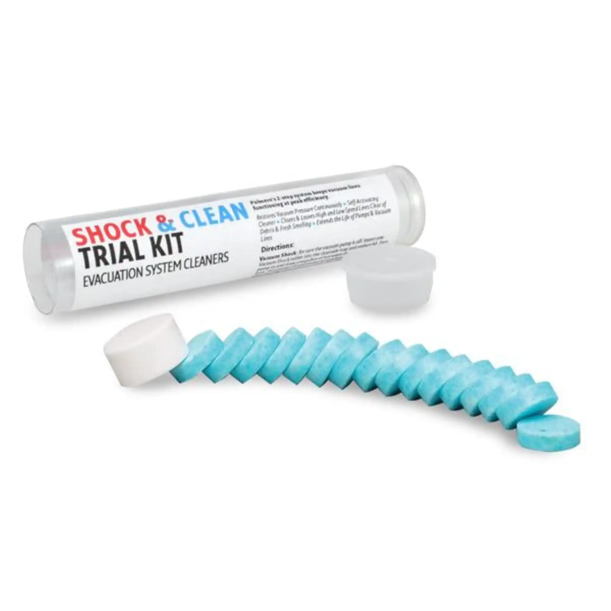 Palmero Shock & Clean Evacuation System Cleaner Trial Kit, 1 Tube with 1 Vacuum Shock Tablet and 16 Vacuum Clean Tablets thumbnail 2