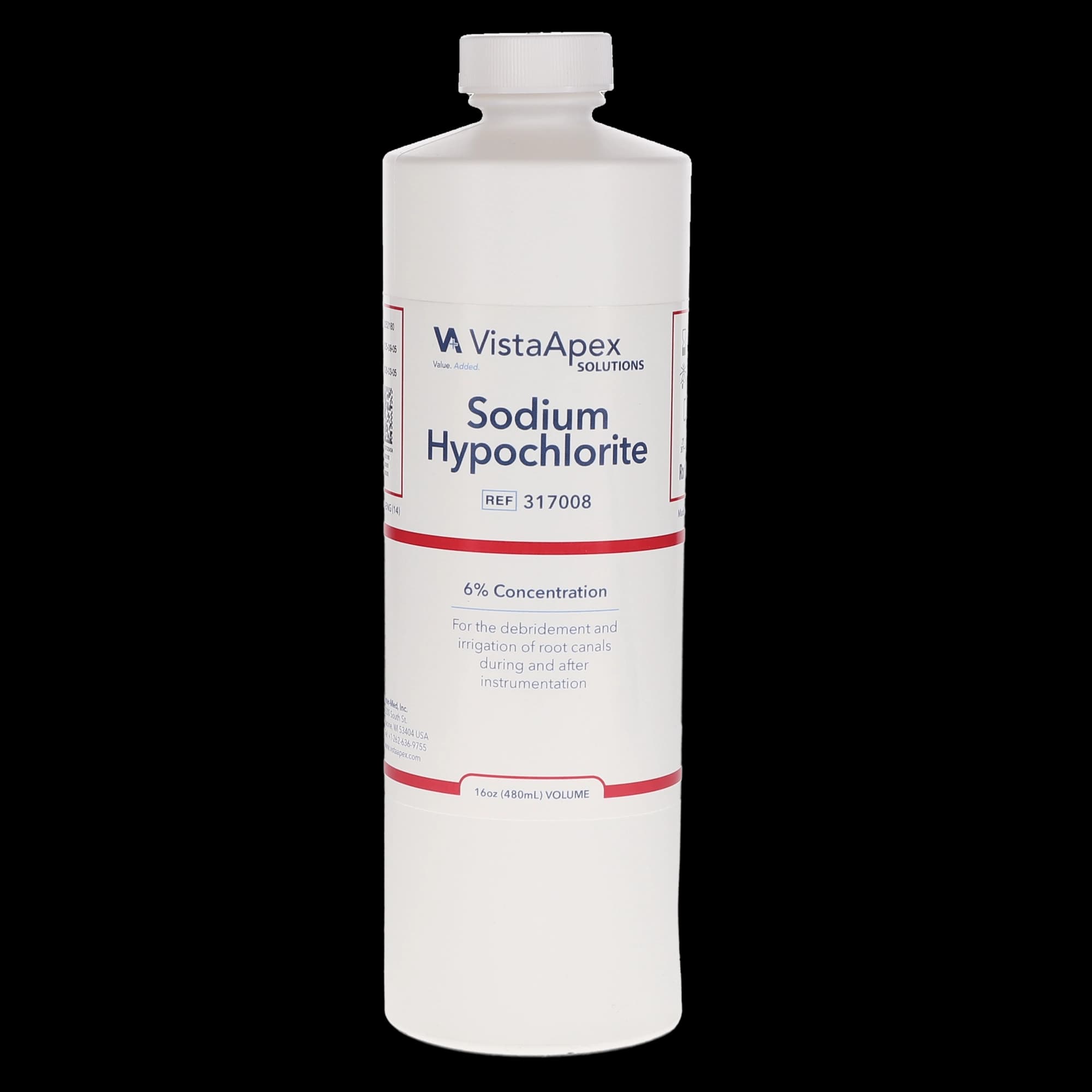 Vista Apex Sodium Hypochlorite Solution, 6%, 16 oz (480 mL), Endodontic Irrigant, 317008 - Sodium Hypochlorite Solution, 6%, 16 oz, 317008 - Image 1
