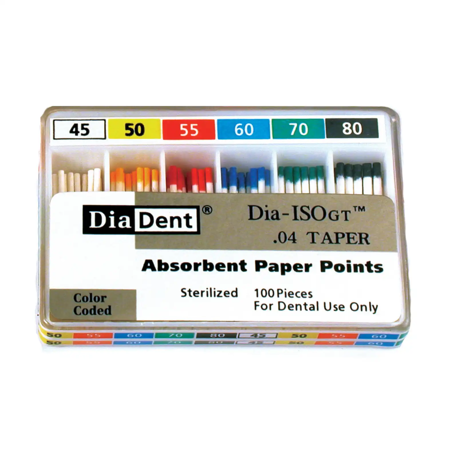 DiaDent Dia-ProISO GT Absorbent Paper Points, .04 Taper, Assorted #45-#80, Millimeter Marked, Spillproof Pack of 100, MP210-692 - Dia-ProISO Absorbent Paper Points .04 Taper Assorted #45-#80 Slide-Open Pkg/100 - Image 1
