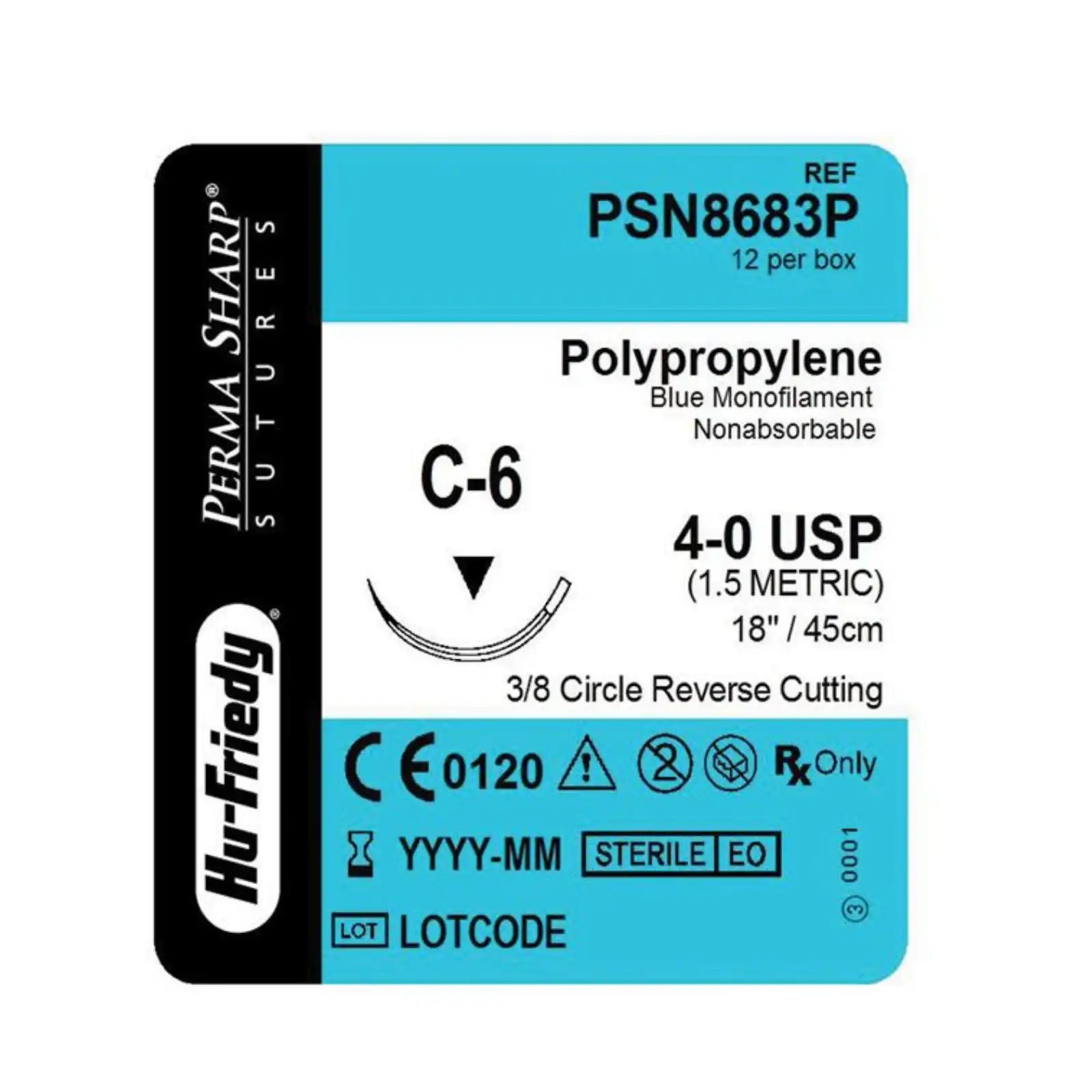 Hu-Friedy Perma Sharp Non-Absorbable Polypropylene Suture, 6-0, Blue, 18", C-3 Needle, 3/8 Circle Premium Reverse Cutting, 12/Box, PSN8695P thumbnail 5