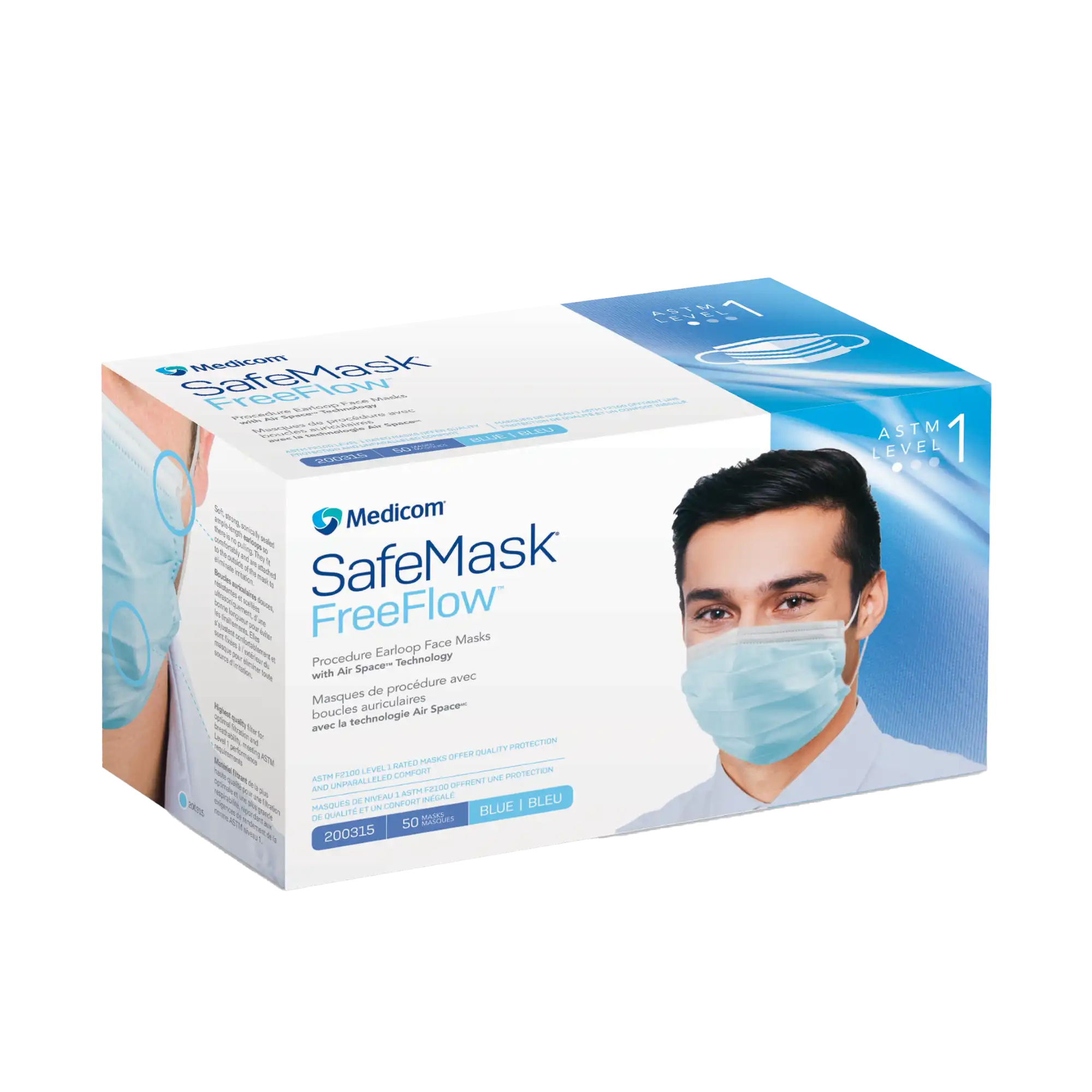 Medicom SafeMask FreeFlow ASTM Level 1 Procedure Face Mask, Blue, 50/Box, 200315 thumbnail 2