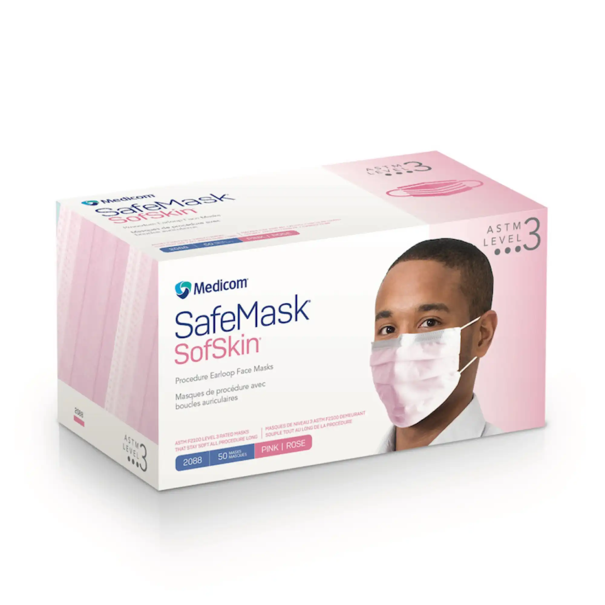 Medicom SafeMask SofSkin Earloop Face Mask, ASTM Level 3, Pink, 50/Box, 2088 thumbnail 11