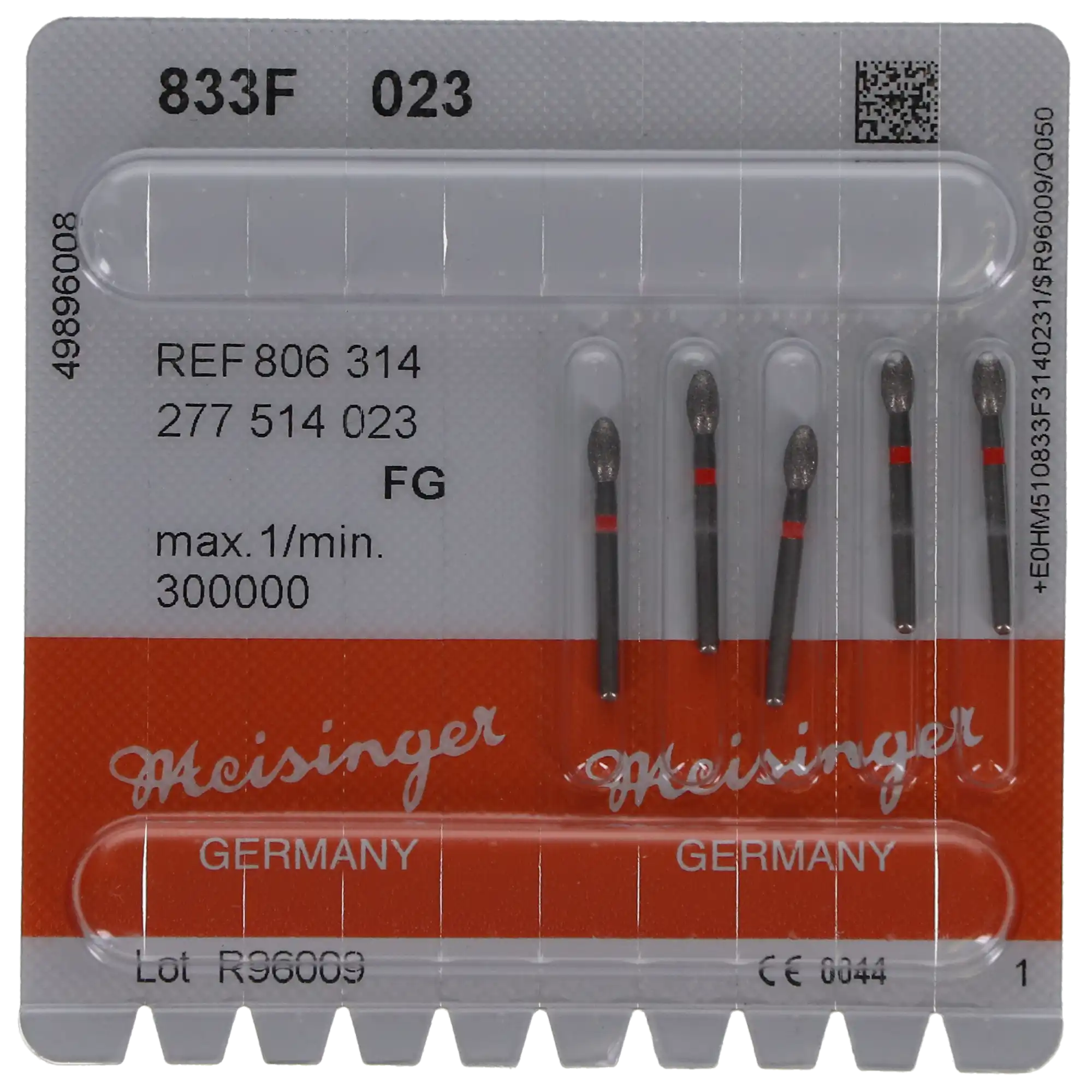 Meisinger 833F-023 Fine Diamond Bur, Egg/Football Shape, FG, 2.3 mm Head Diameter, Red Ring, 5/Pack thumbnail 6