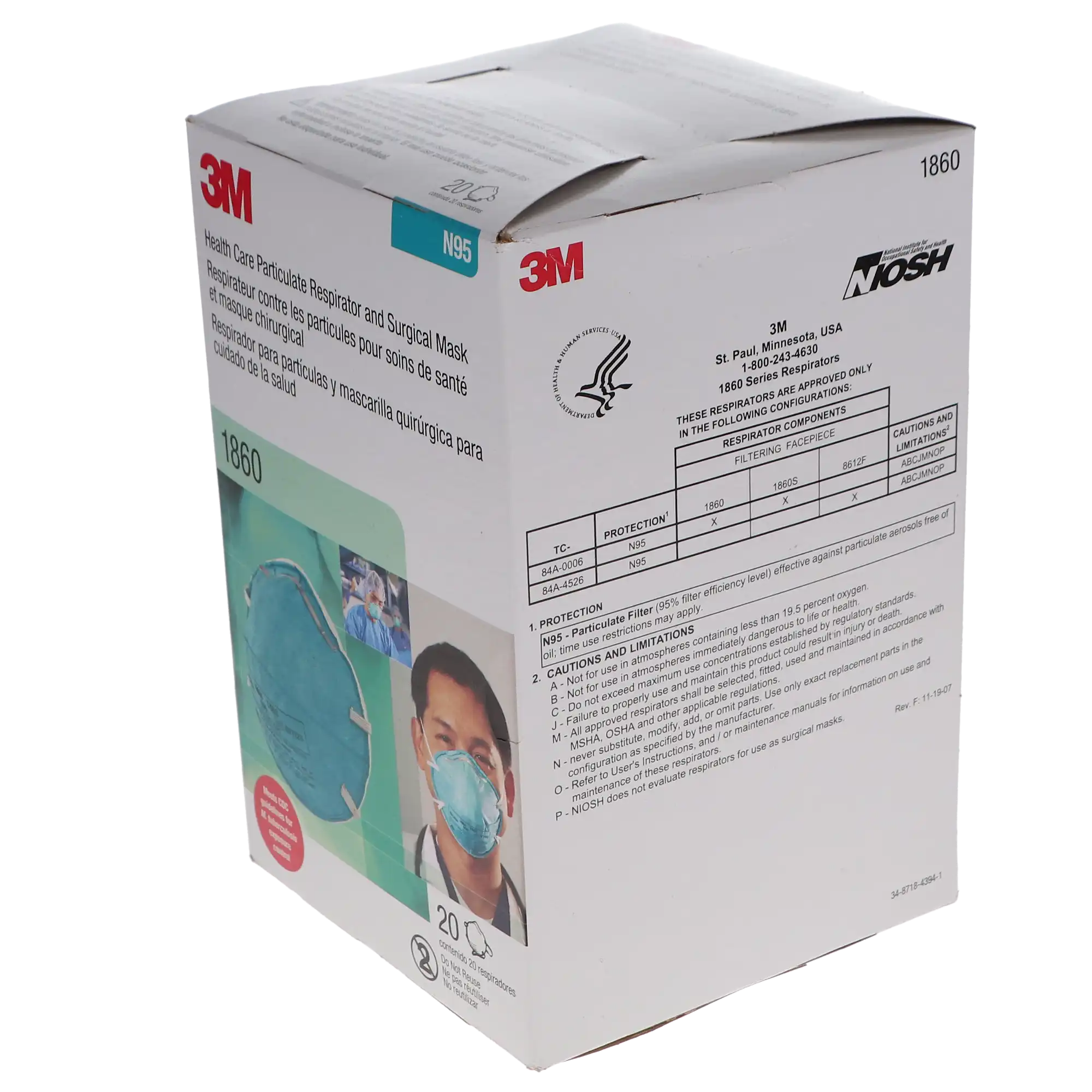 3M Particulate Respirator 1860, N95 Health Care Respirator and Surgical Mask, Standard Size, Teal, 20/Box, 1860 thumbnail 3
