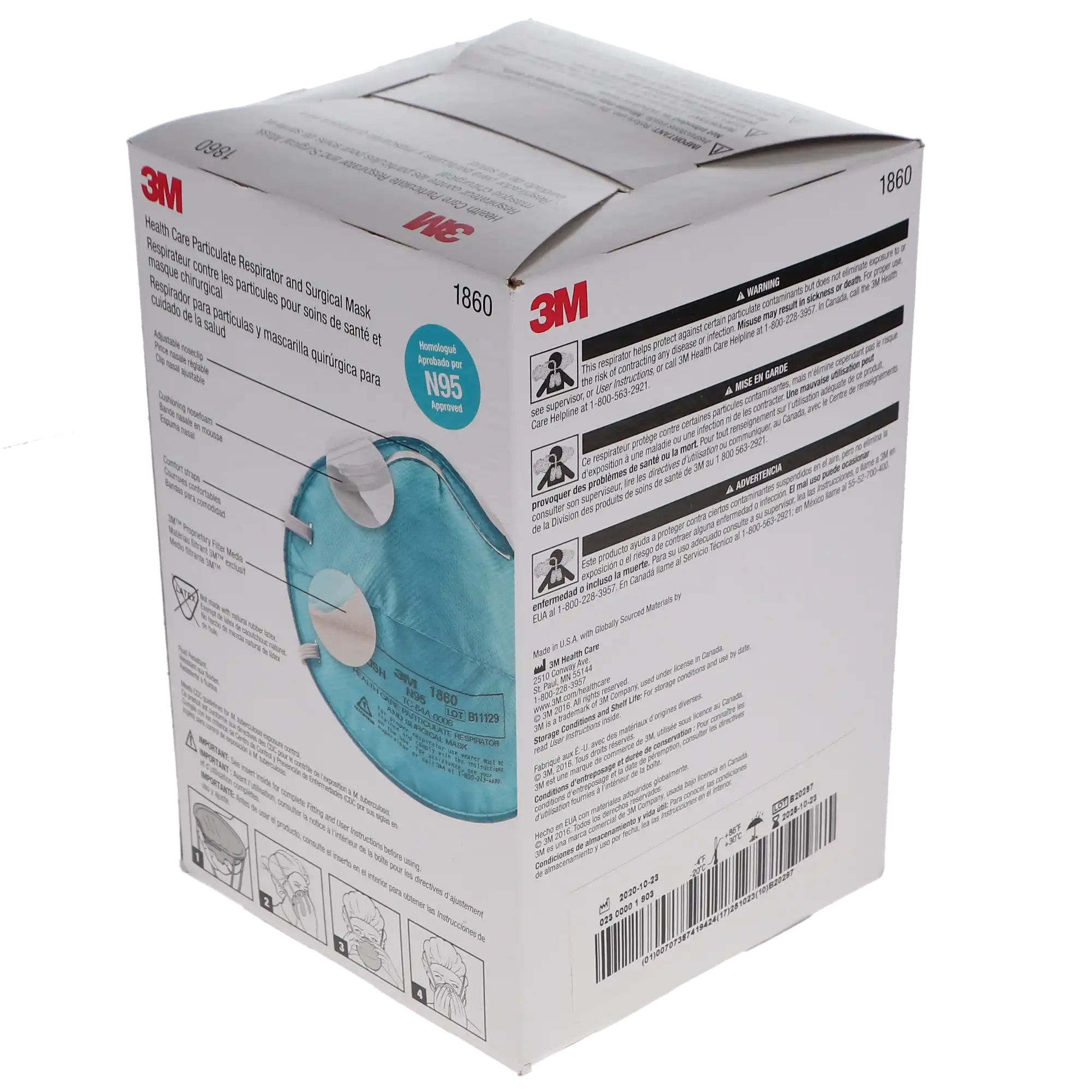 3M Particulate Respirator 1860, N95 Health Care Respirator and Surgical Mask, Standard Size, Teal, 20/Box, 1860 thumbnail 4