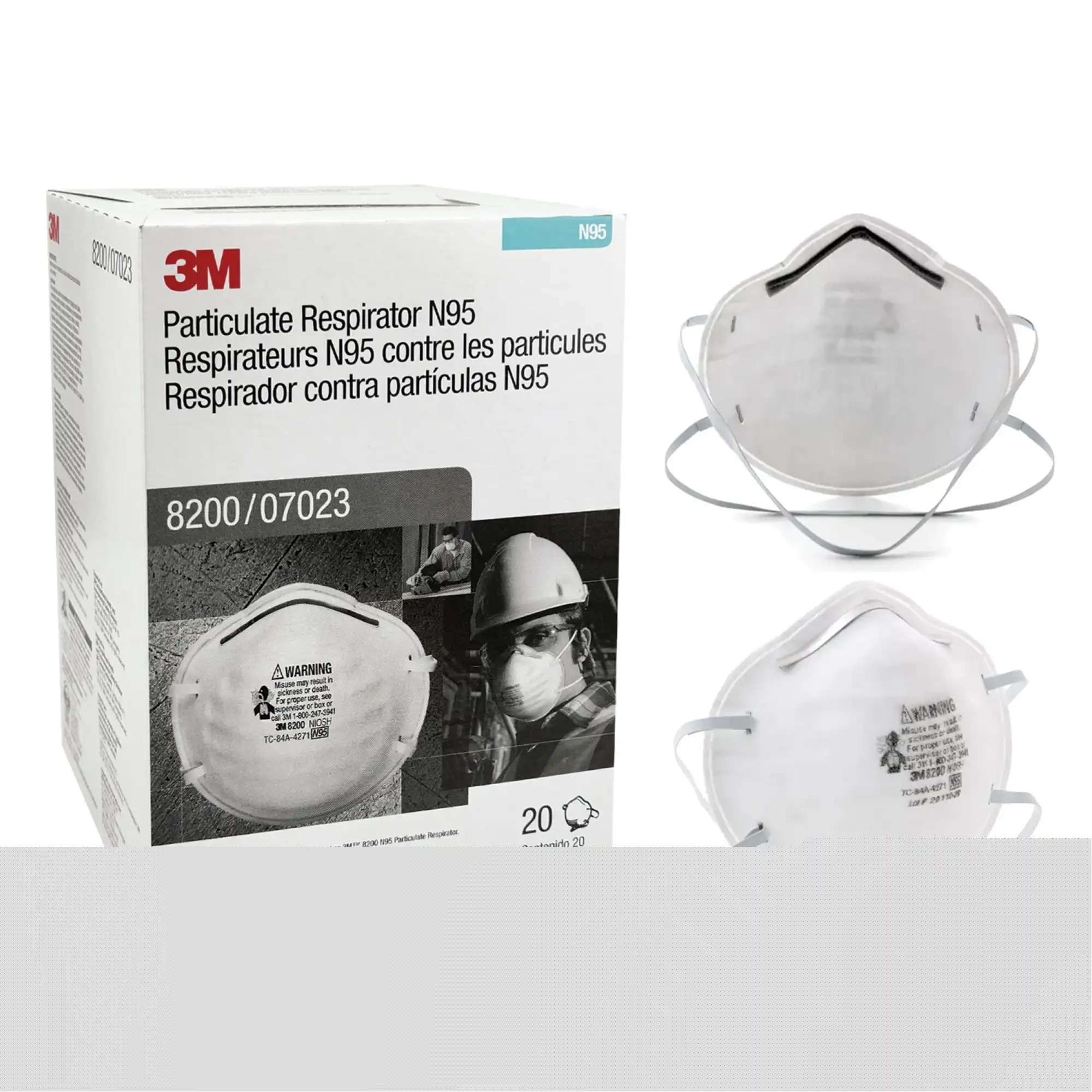 3M 8200 N95 Particulate Respirator, NIOSH Approved, Cone Style, White, 20/Box - 3M Particulate Respirator 8200, N95, 20/Box - Image 1