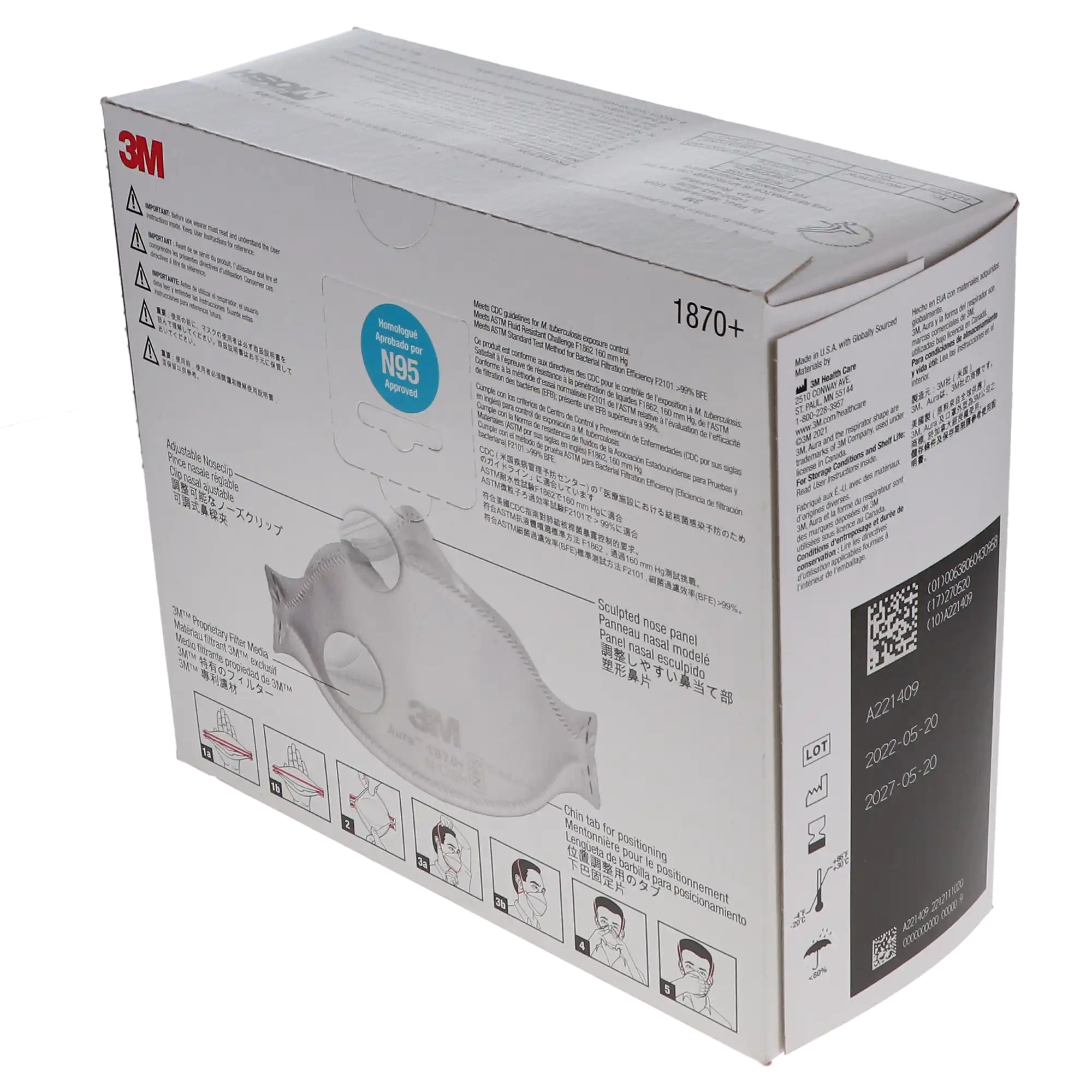 3M Aura 1870+ N95 Health Care Particulate Respirator and Surgical Mask, Flat Fold, White, 20/Box thumbnail 14