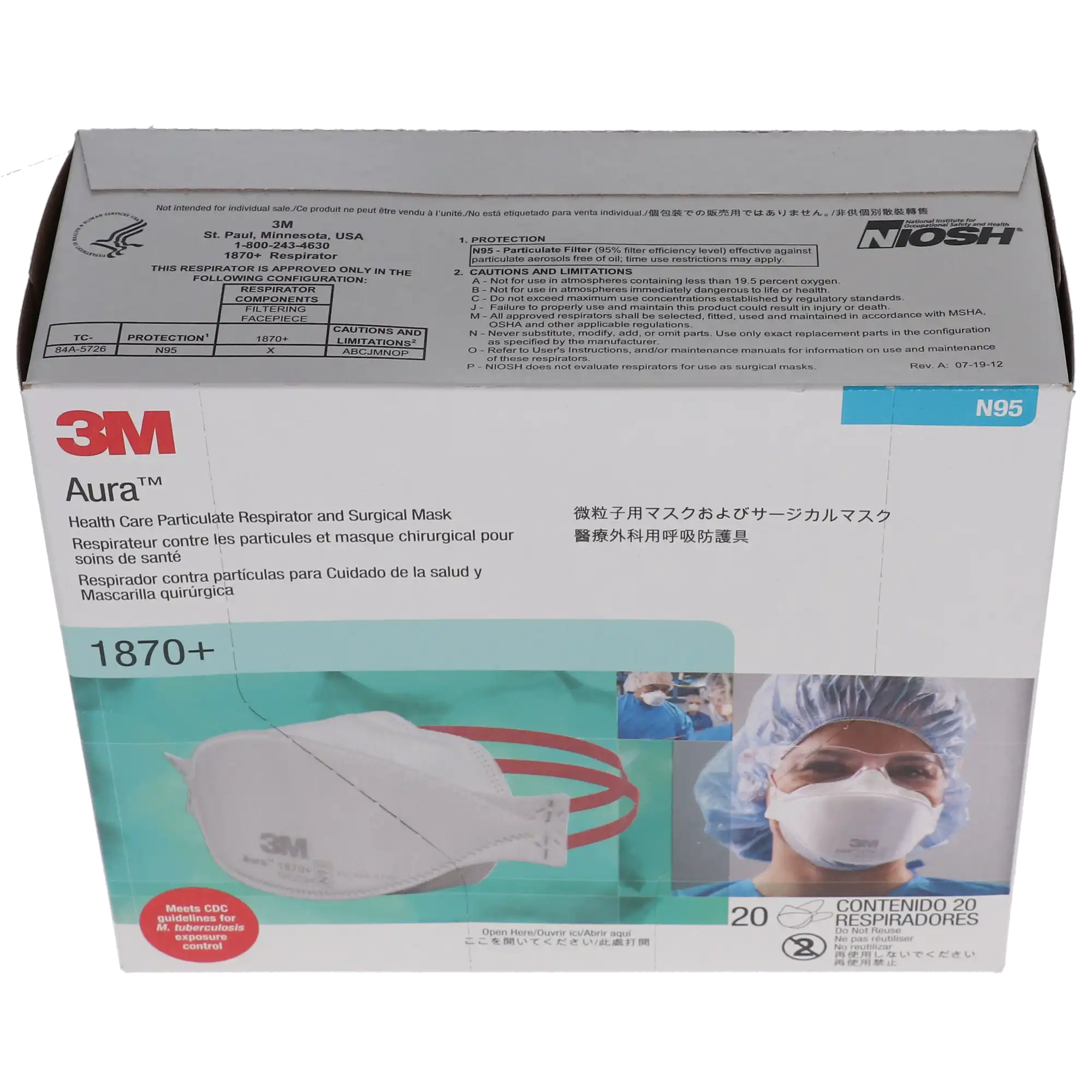 3M Aura 1870+ N95 Health Care Particulate Respirator and Surgical Mask, Flat Fold, White, 20/Box thumbnail 15