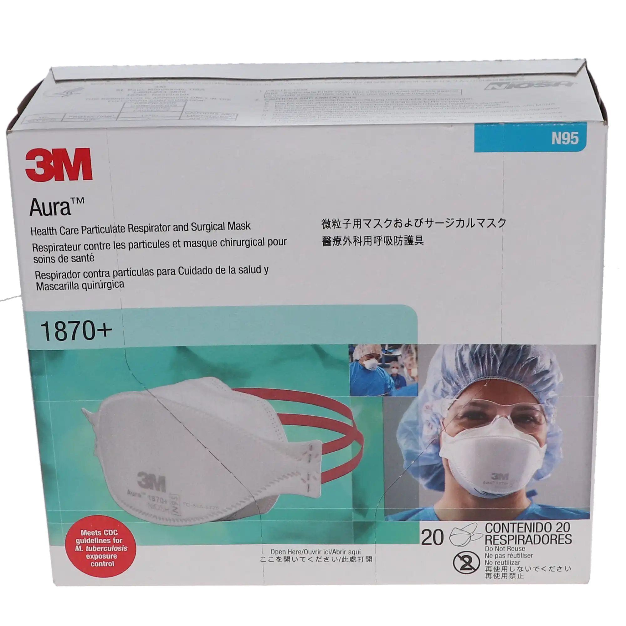 3M Aura 1870+ N95 Health Care Particulate Respirator and Surgical Mask, Flat Fold, White, 20/Box thumbnail 16