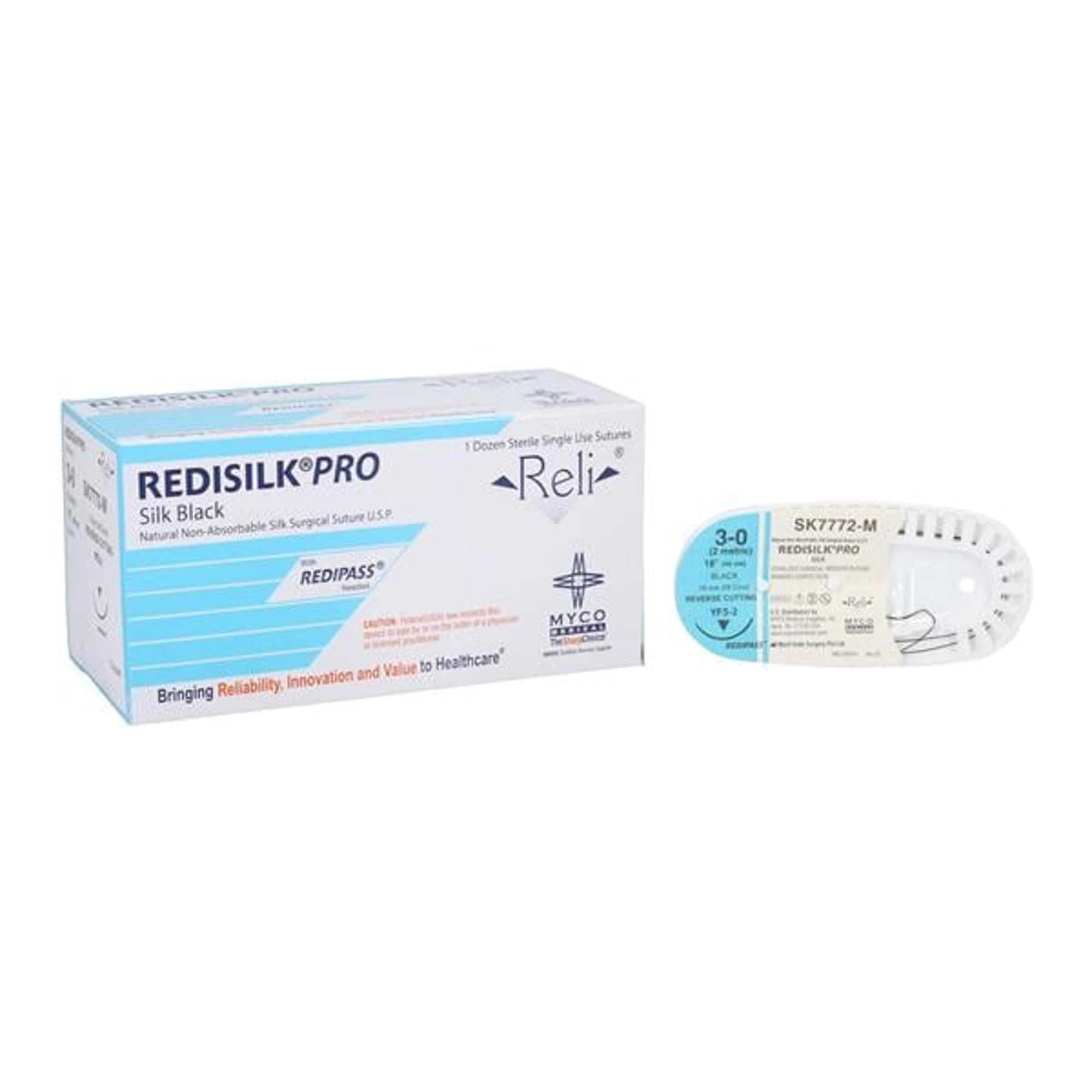 Myco Medical Reli 3/0, 18" Silk Black Braided Suture with Reverse-Cutting 19 mm Needle, Box of 12 - Myco Medical - Reli 3/0, 18" silk black braided suture with reverse-cutting 19 mm needle - Image 1