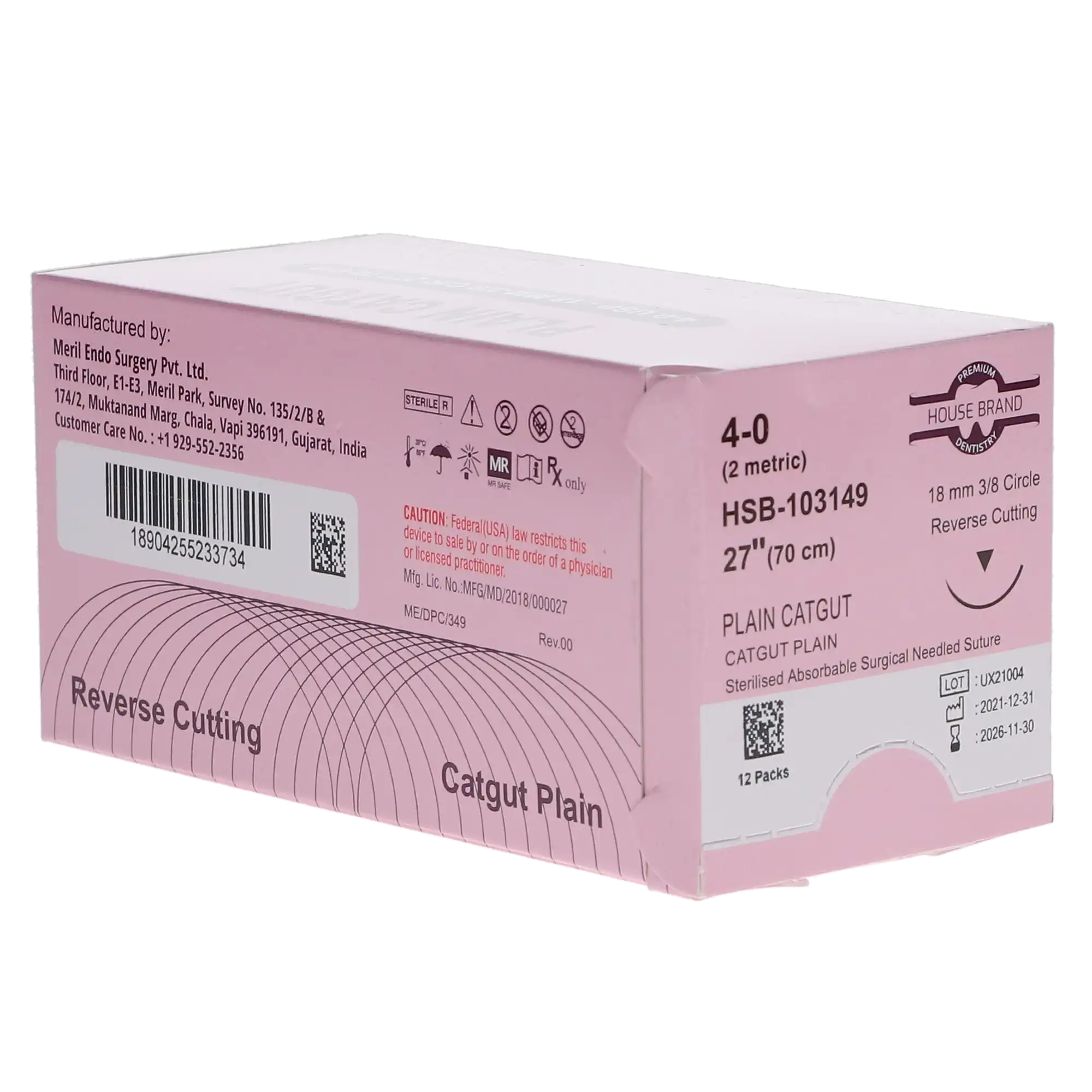 HSB Plain Gut Suture, Size 4-0, C-6 Needle, 27" Length, 12/Bx thumbnail 3