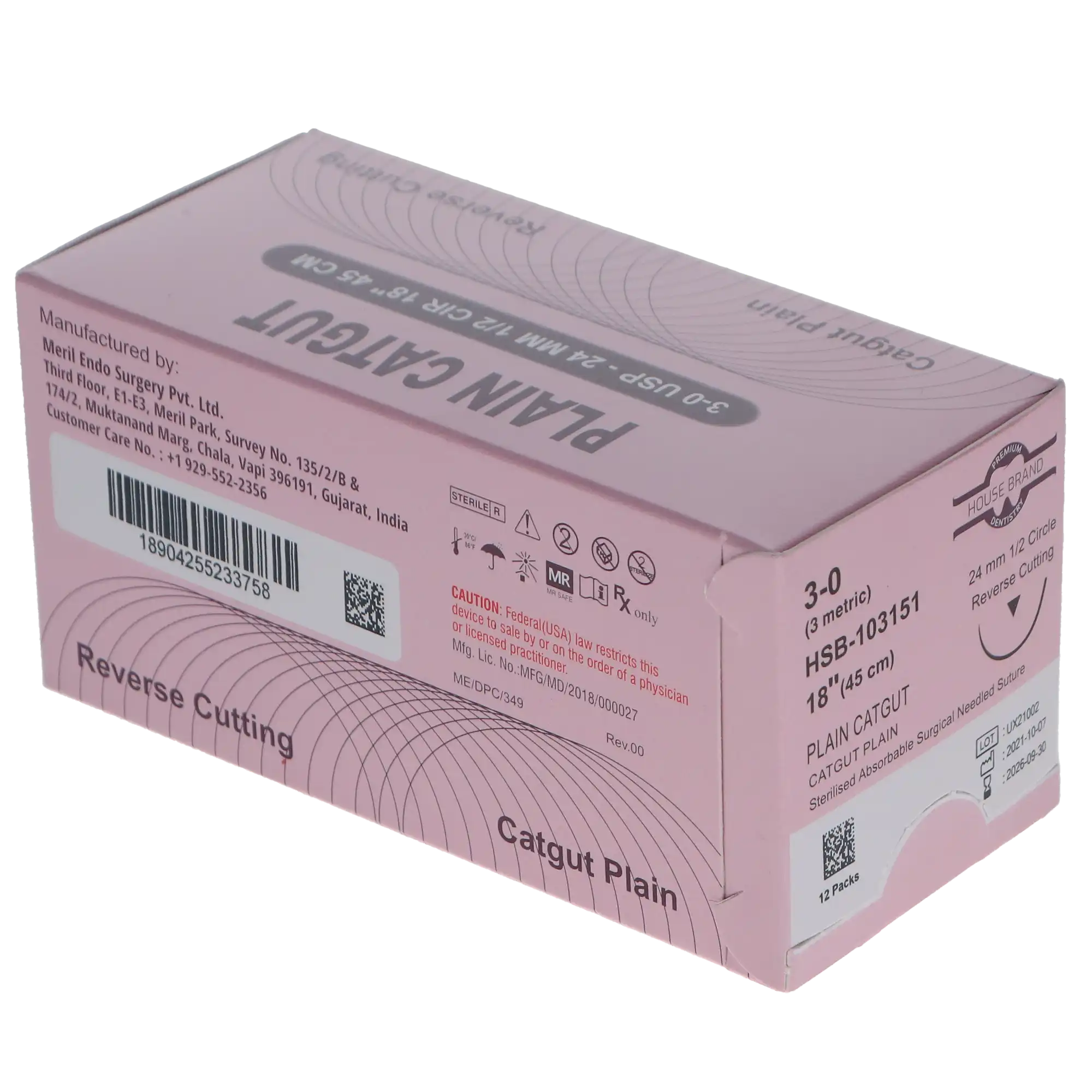 HSB Plain Gut Suture, 3/0, 18" with C-31 Reverse Cutting Needle, 12/Bx thumbnail 3